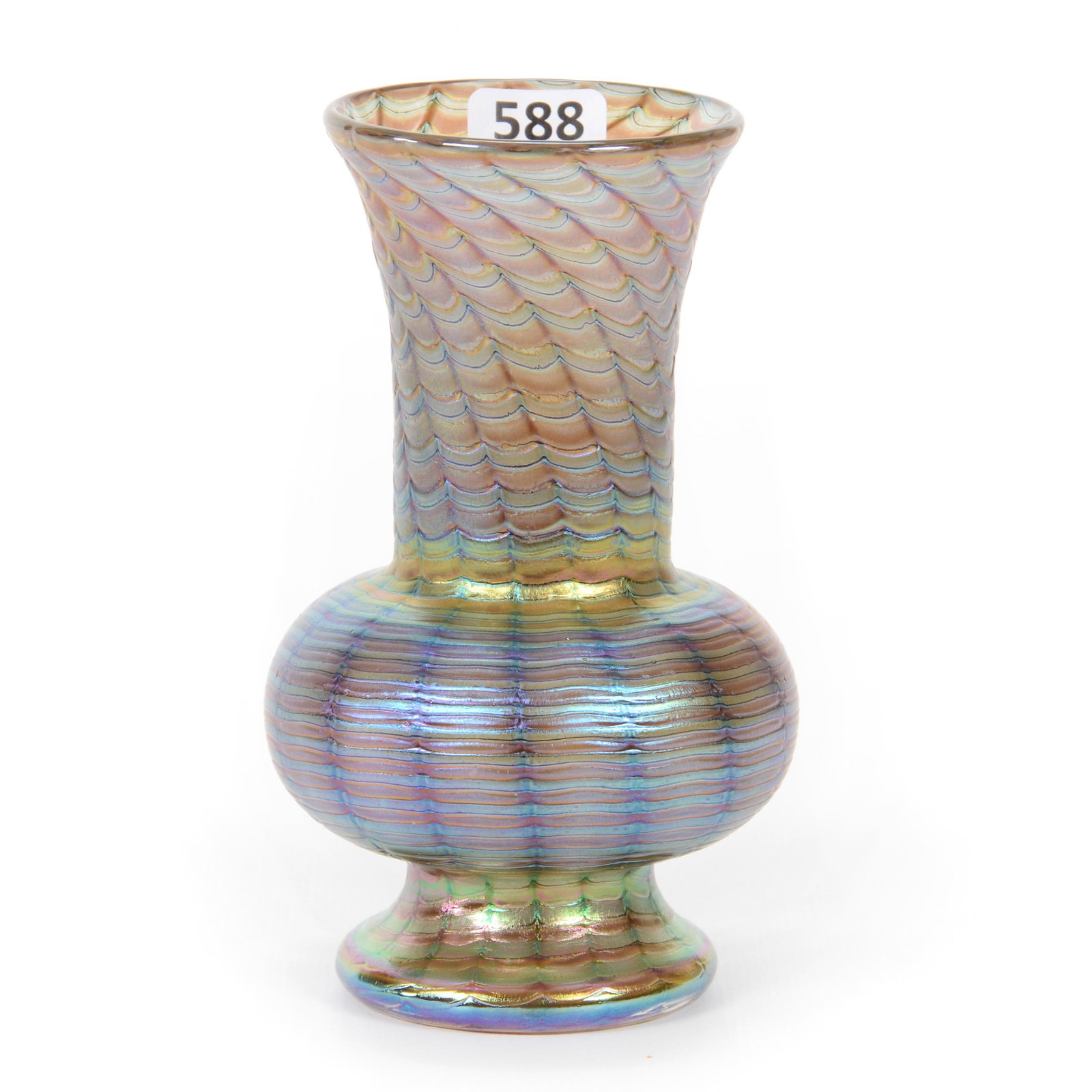 Vase, Contemporary Art Glass, Unmarked: Vase, Contemporary Art Glass, Unmarked, 5.5” x 3", Gold Iridescent With Pulled Wave Design, No Maker's Marks, John Lolley Estate. Mr. Lolley Regularly Marked Items In His Collection With A Museum Qu