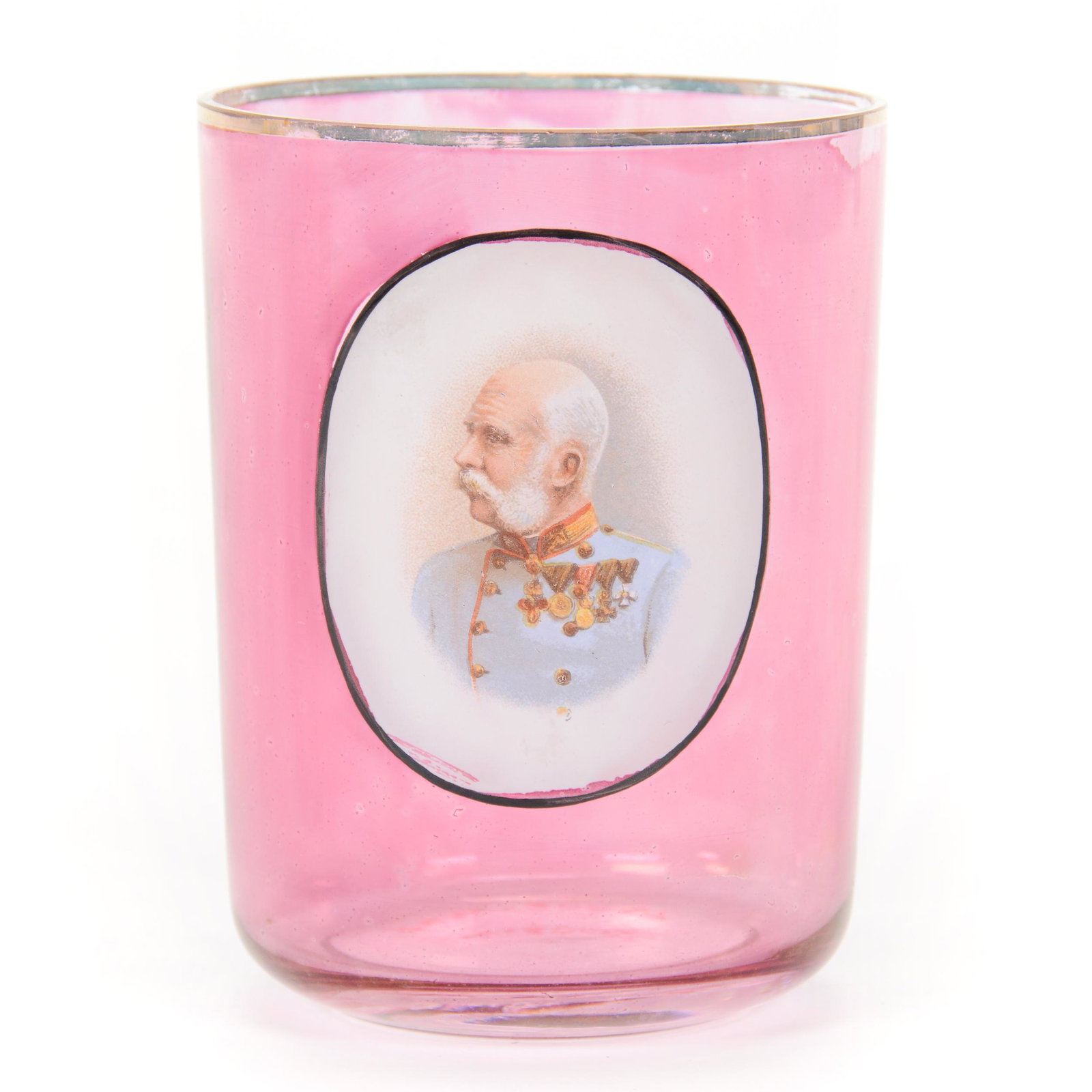 Tumbler, Cranberry Art Glass, Enamel Portrait: Tumbler, Cranberry Art Glass, Enamel Portrait, 3.75” x 2.75", Portrait Of Man In Uniform, John Lolley Estate. Mr. Lolley Regularly Marked Items In His Collection With A Museum Quality Pen - These Ma