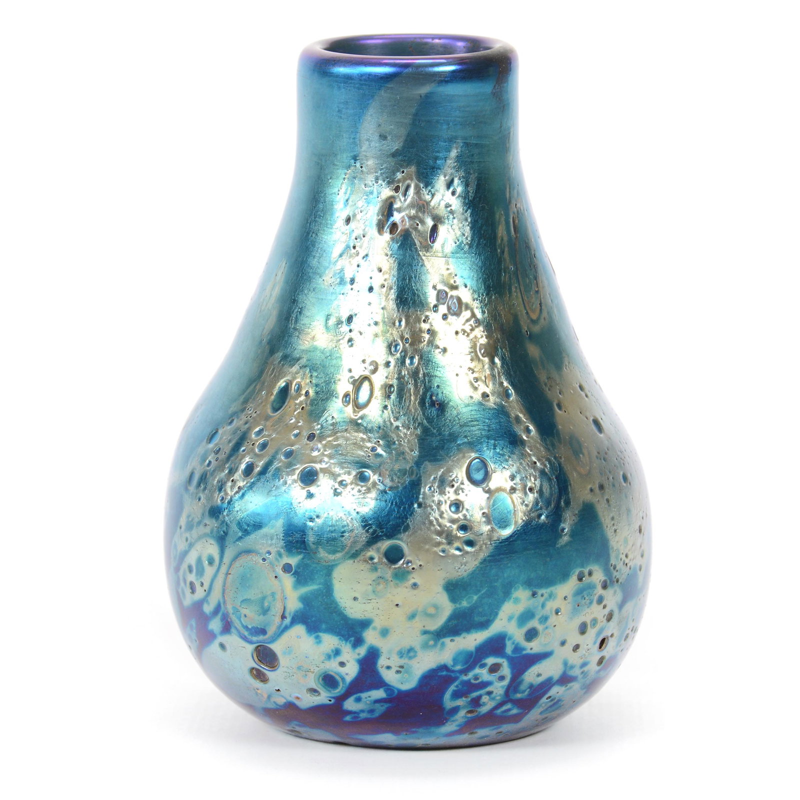 Vase, Contemporary Art Glass, Unmarked: Vase, Contemporary Art Glass, Unmarked, 4” x 2.75", Blue And Silver Lava Type Iridescent Design, Fake LCT Mark, John Lolley Estate. Mr. Lolley Regularly Marked Items In His Collection With A Museum