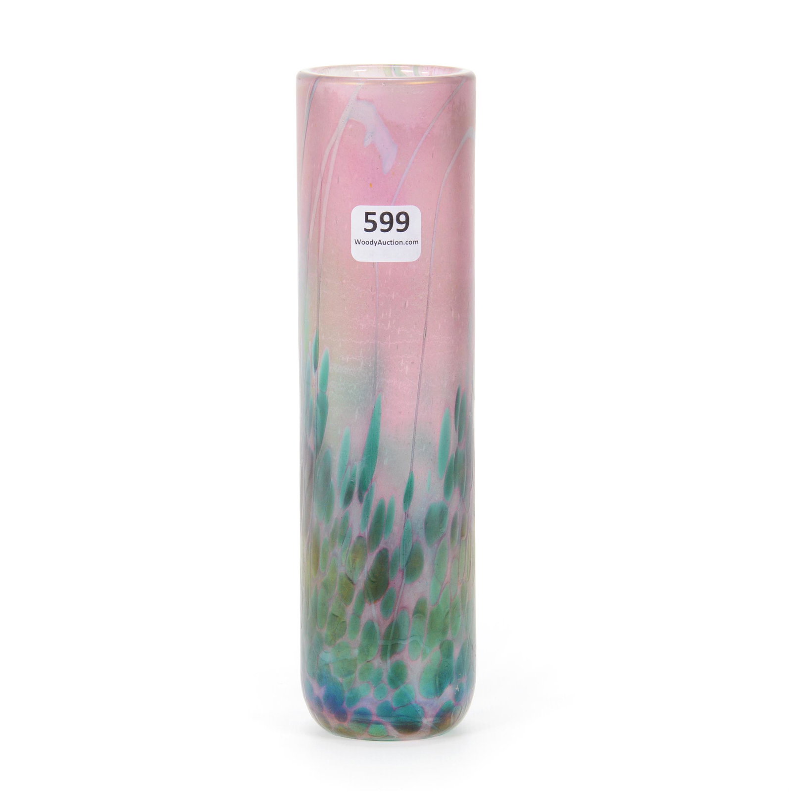 Cylinder Vase, Contemporary Art Glass, Signed: Cylinder Vase, Contemporary Art Glass, Signed, 8.25” x 2", Iridescent Green, Blue And Pink Mottled Tones, Unidentified Maker's Mark, John Lolley Estate. Mr. Lolley Regularly Marked Items In His Coll