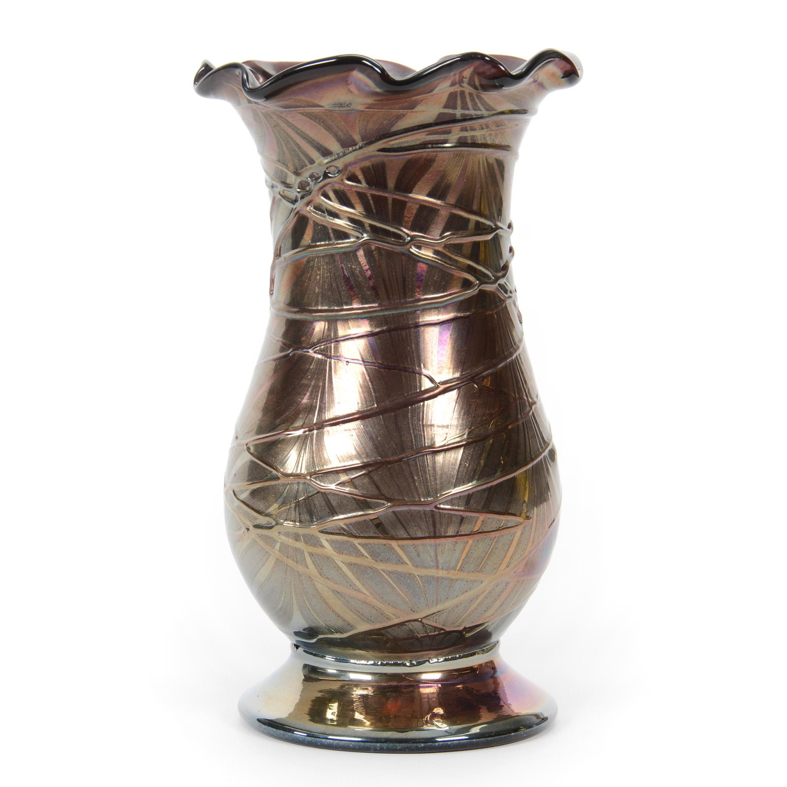 Vase, Contemporary Art Glass, Unmarked: Vase, Contemporary Art Glass, Unmarked, 8” x 4.5", Footed, Amethyst With Silvery Pulled Feather Design And Threaded Overlay, No Maker's Mark Visible, John Lolley Estate. Mr. Lolley Regularly Marked