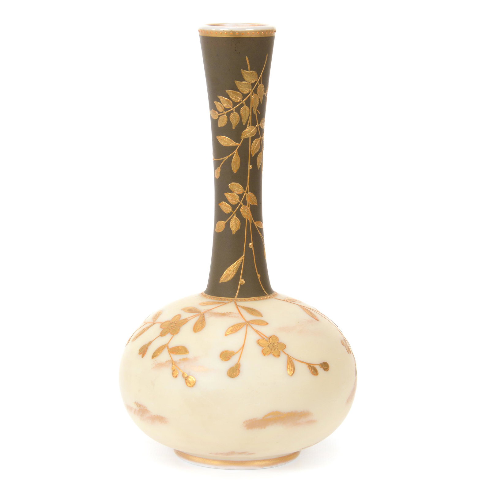 Vase, Unmarked White Opaline Art Glass: Vase, Unmarked White Opaline Art Glass, 10” x 5.25", Dark Green And Cream Tones With Enamel Branch Decor, Attributed To Harrach, John Lolley Estate. Mr. Lolley Regularly Marked Items In His Collecti