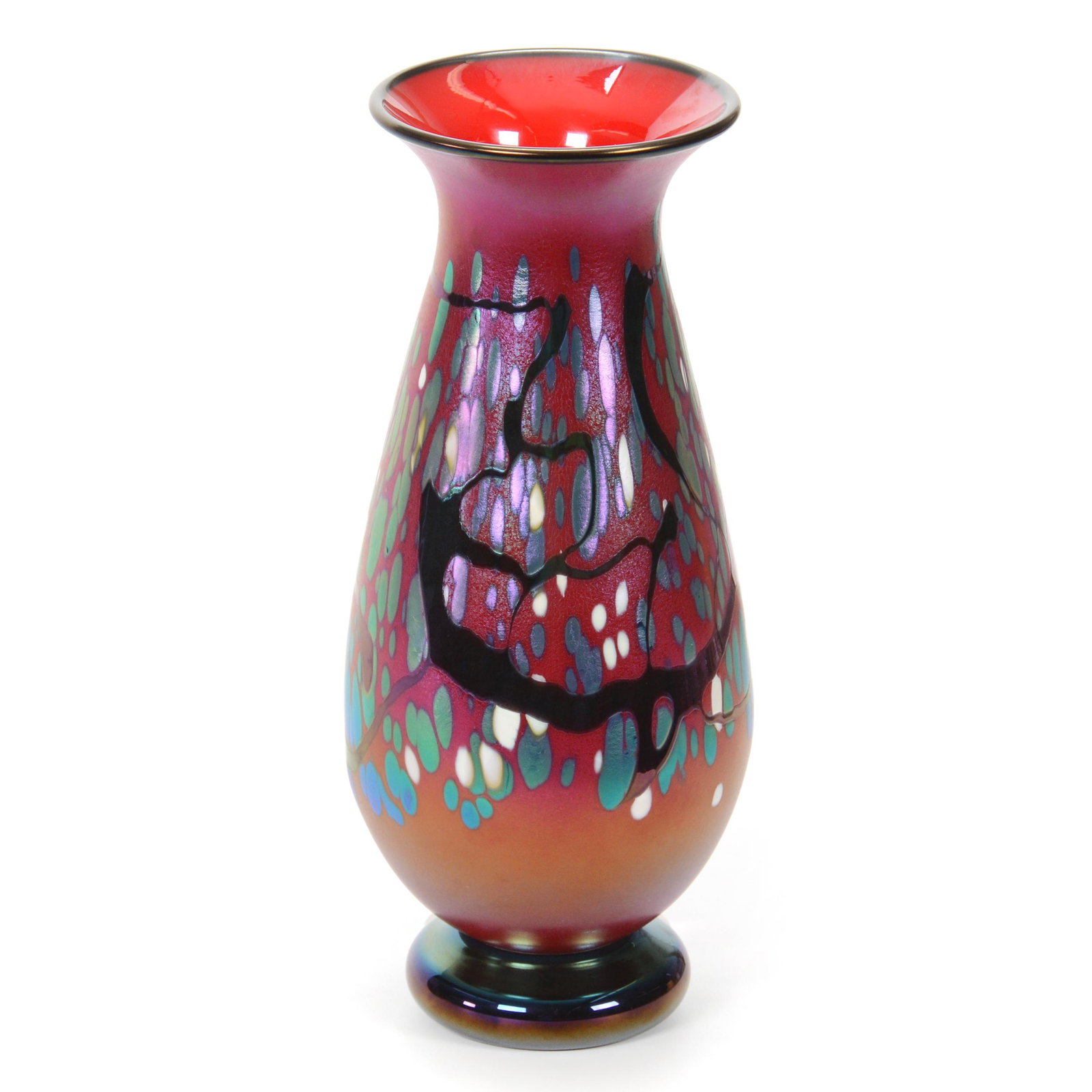 Vase, Contemporary Art Glass Signed Carlin: Vase, Contemporary Art Glass Signed Carlin, 11.25” x 4.5", Dated 2005, Iridescent Red With Green And White Oil Spot Design, John Lolley Estate. Mr. Lolley Regularly Marked Items In His Collection Wi