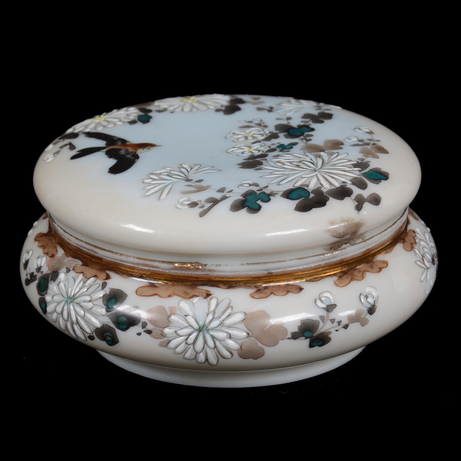 Covered Box, Japanese Marked Porcelain: Covered Box, Japanese Marked Porcelain, 2” x 3.75", Cream And Blue Tones With Bird And Floral Enamel Decor, Faint Old Hairline On Body, John Lolley Estate. Mr. Lolley Regularly Marked Items In His C