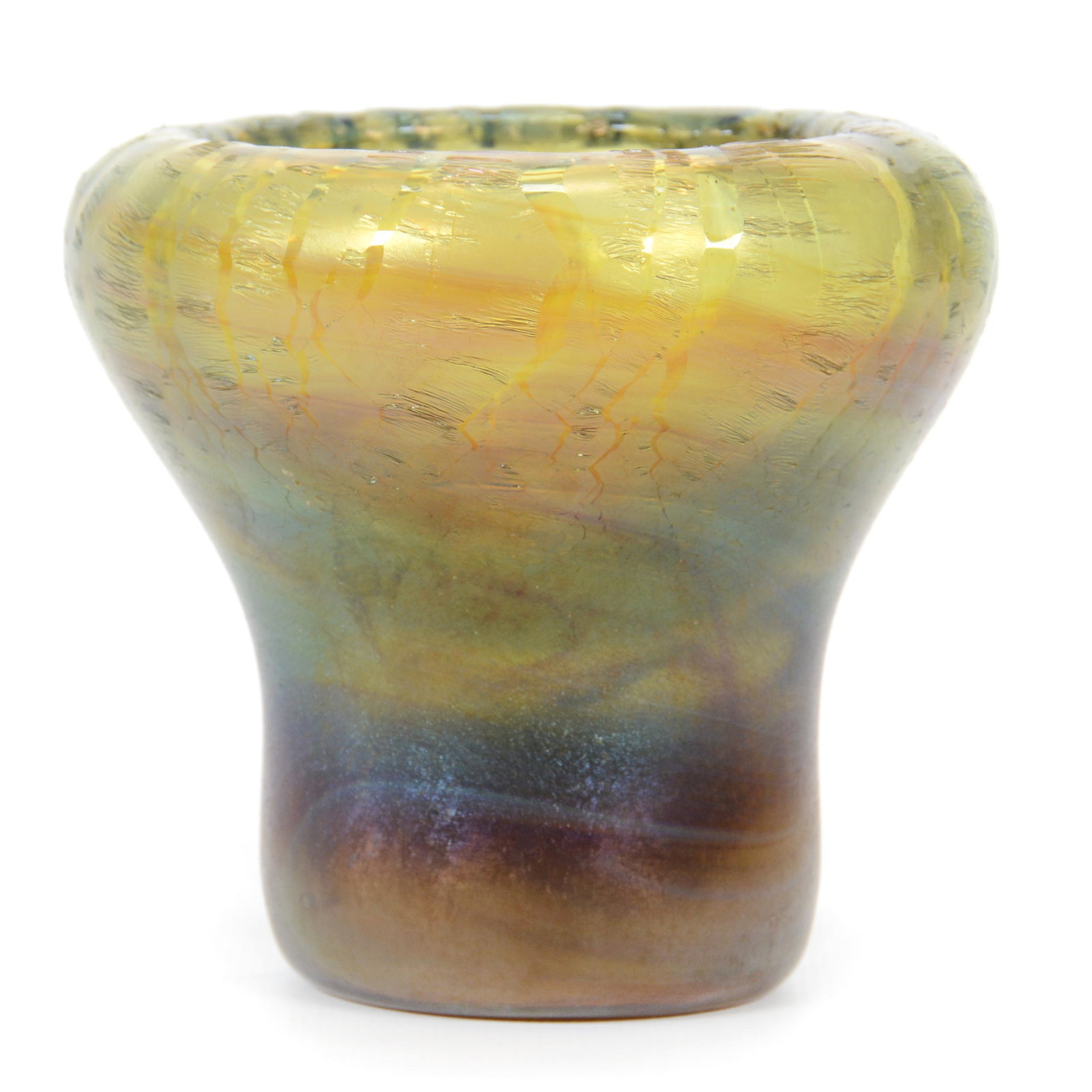 Vase, Contemporary Art Glass, Unmarked: Vase, Contemporary Art Glass, Unmarked, 4.25” x 4.25", Heavy Iridescent Green, Blue, White And Pink Swirl Design, Stretch Glass Exterior, John Lolley Estate. Mr. Lolley Regularly Marked Items In His