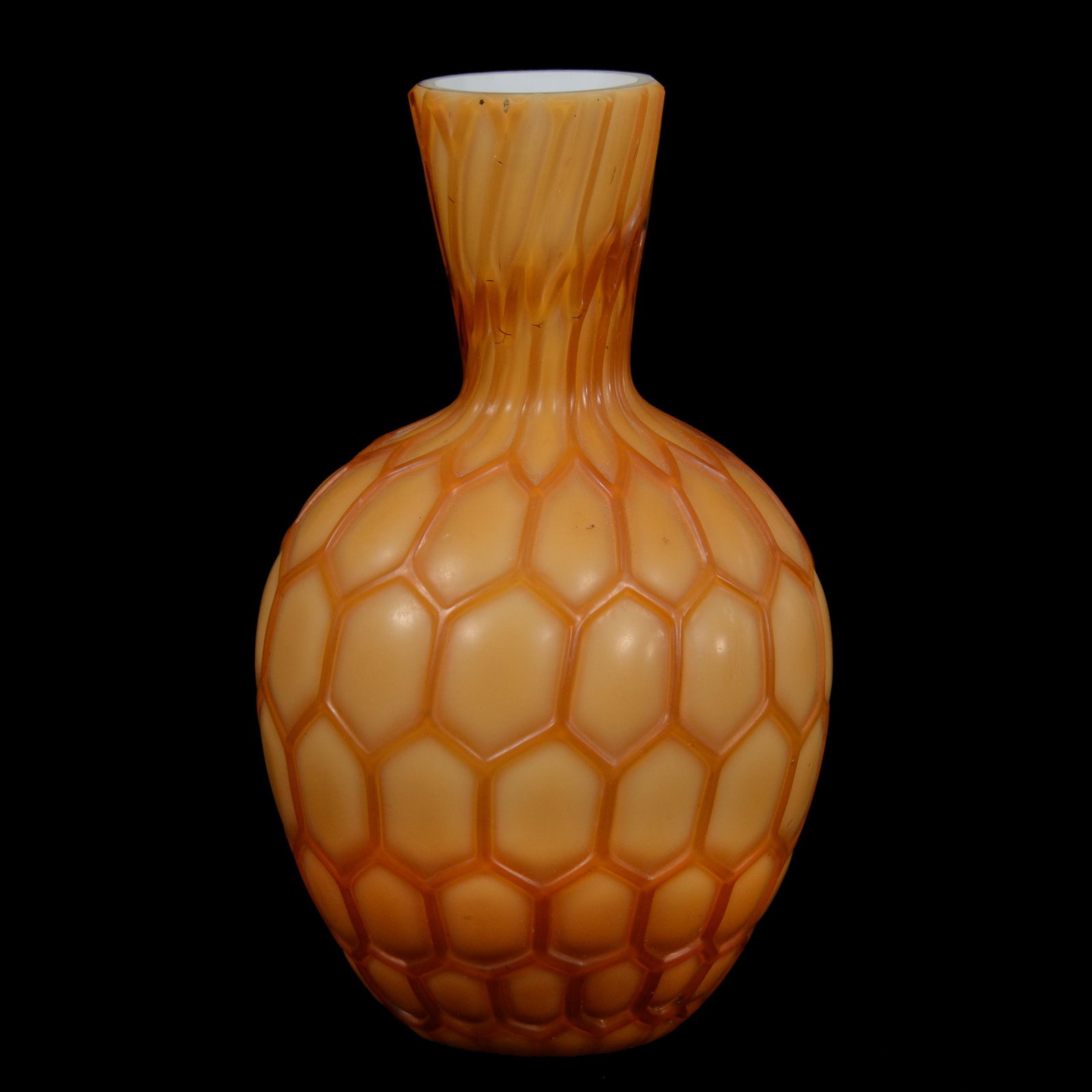 Vase, Yellow Satin Cut Velvet Honeycomb Art Glass: Vase, Yellow Satin Cut Velvet Honeycomb Art Glass, 6.75” x 3.75", White Interior, John Lolley Estate. Mr. Lolley Regularly Marked Items In His Collection With A Museum Quality Pen - These Markings C
