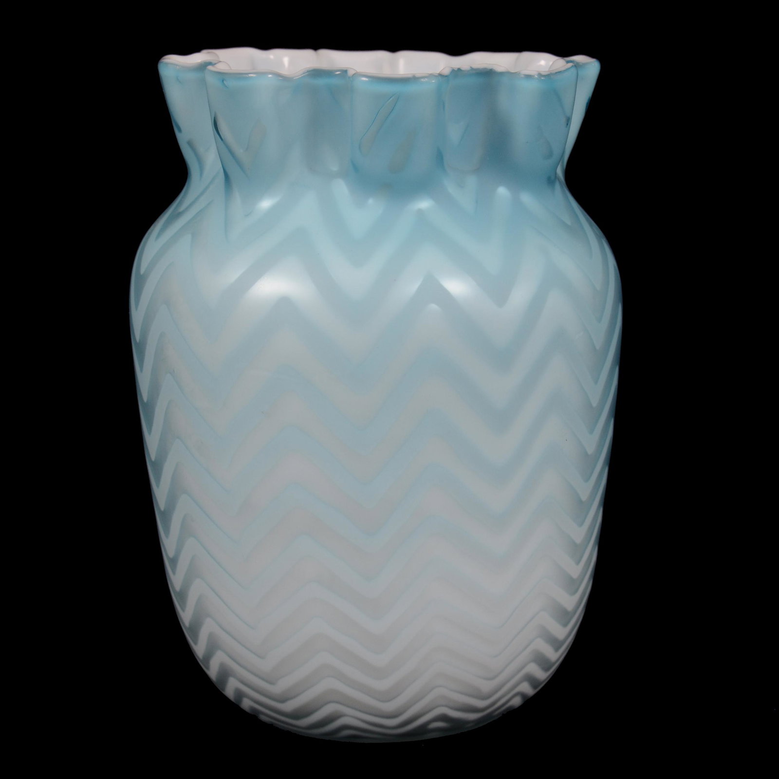 Vase, Blue Satin Herringbone MOP Art Glass: Vase, Blue Satin Herringbone Mother Of Pearl Art Glass, 6.25” x 4.5", Crimped Edge, Polished Pontil Base, John Lolley Estate. Mr. Lolley Regularly Marked Items In His Collection With A Museum Qualit