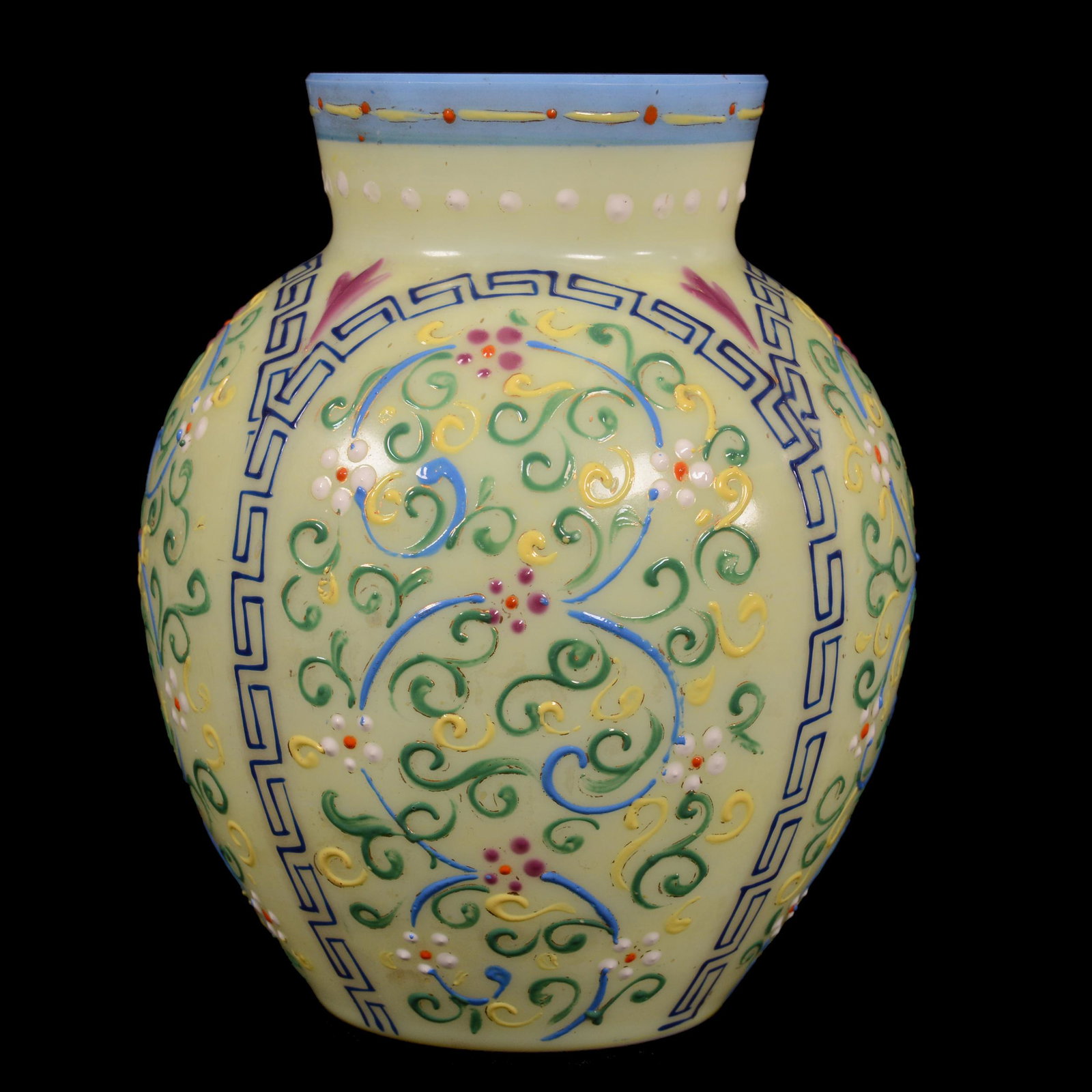 Vase, Opaline Art Glass, Yellow Exterior: Vase, Opaline Art Glass, Yellow Exterior, 5.5” x 4", White Interior, Extensive Enamel Floral And Scroll Design, John Lolley Estate. Mr. Lolley Regularly Marked Items In His Collection With A Museum