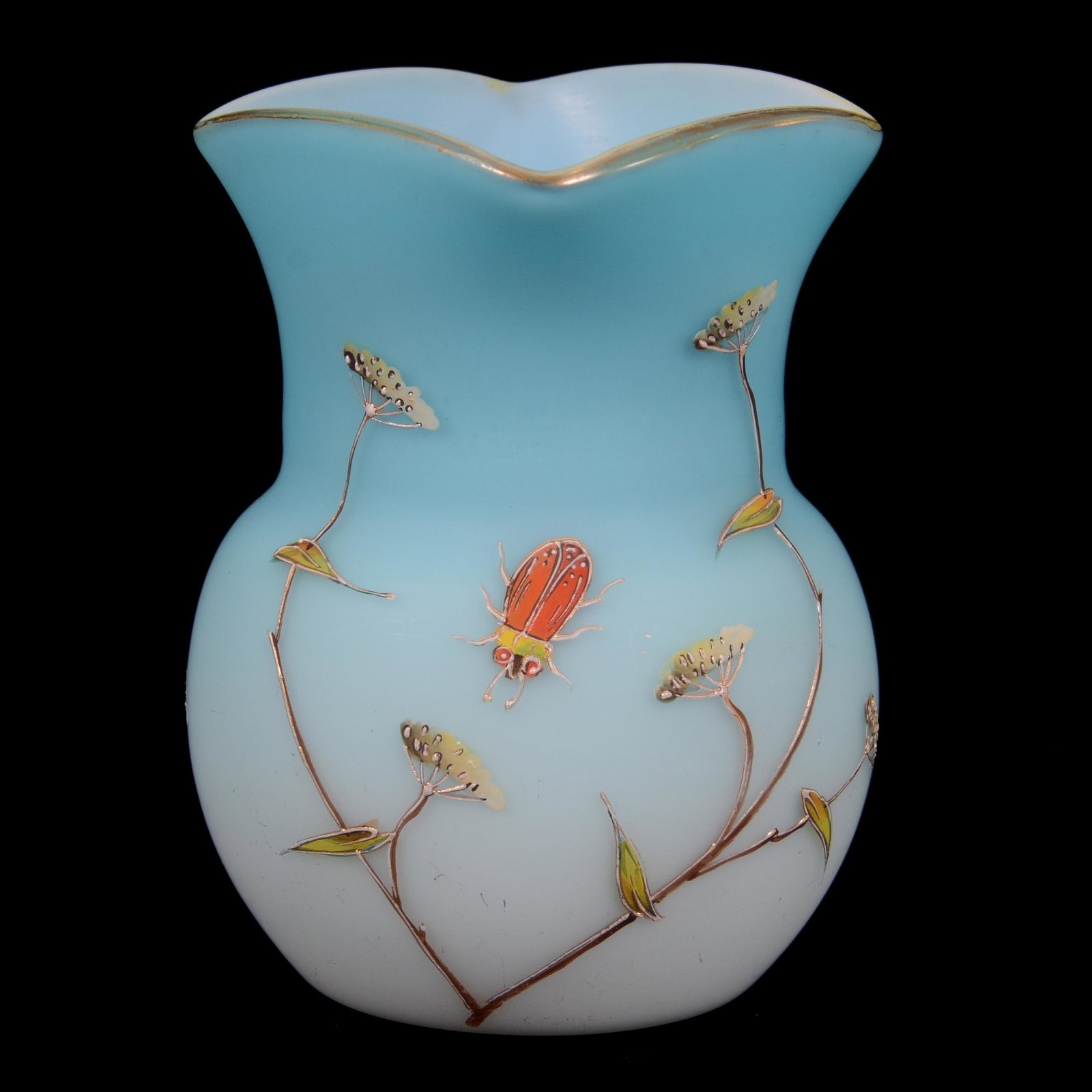 Spooner, Blue Satin Art Glass, Decorated: Spooner, Blue Satin Art Glass, Decorated, 4.5” x 3.5", Enamel Insect And Floral Decor, Attributed To Webb, John Lolley Estate. Mr. Lolley Regularly Marked Items In His Collection With A Museum Quali