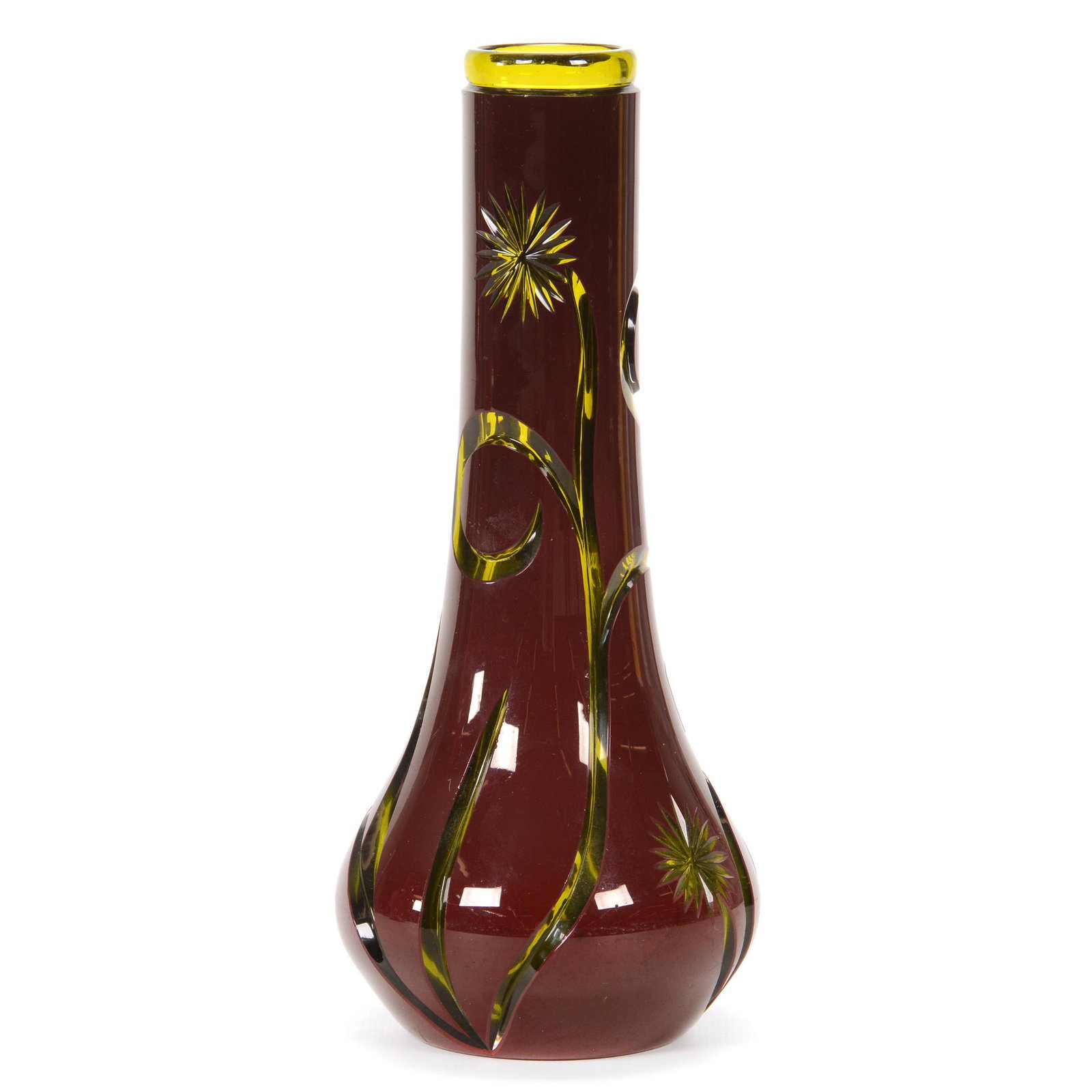 Vase, Yellow Art Glass w/ Burgundy Cut Back Overlay: Vase, Yellow Art Glass W/ Burgundy Cut Back Overlay, 8.75” x 3.75", Shooting Star Design, Polished Pontil Base, John Lolley Estate. Mr. Lolley Regularly Marked Items In His Collection With A Museum