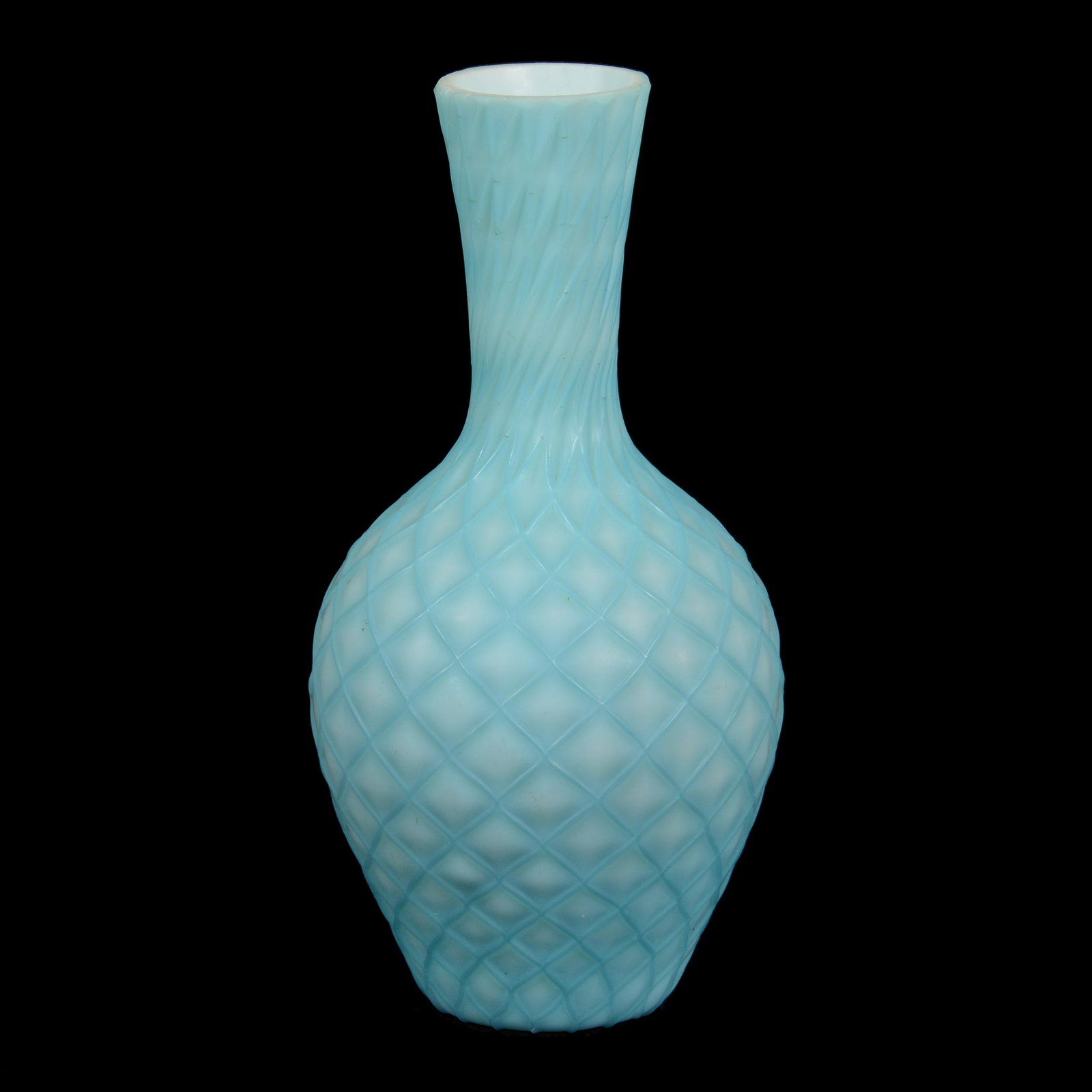 Vase, Blue Satin Cut Velvet Diamond Quilted Art Glass: Vase, Blue Satin Cut Velvet Diamond Quilted Art Glass, 8.5” x 4.25",, John Lolley Estate. Mr. Lolley Regularly Marked Items In His Collection With A Museum Quality Pen - These Markings Can Be Easily