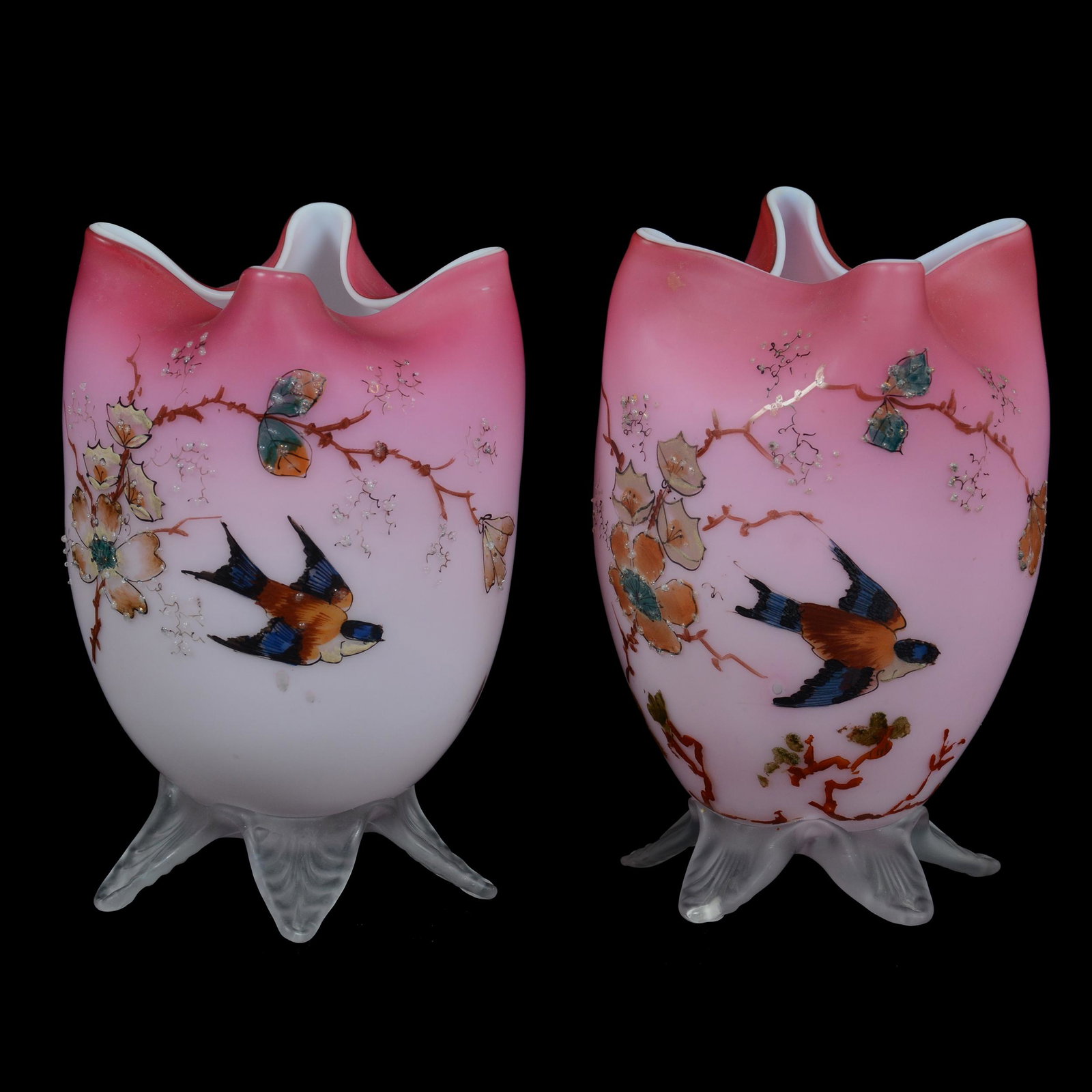 Pair Vases, Pink Satin Art Glass, Decorated: Pair Vases, Pink Satin Art Glass, Decorated, 6.25” x 3.75", Enamel Bird And Blossom Decor, Applied Jewel Highlights, Frosted Applied Petal Feet, John Lolley Estate. Mr. Lolley Regularly Marked Items