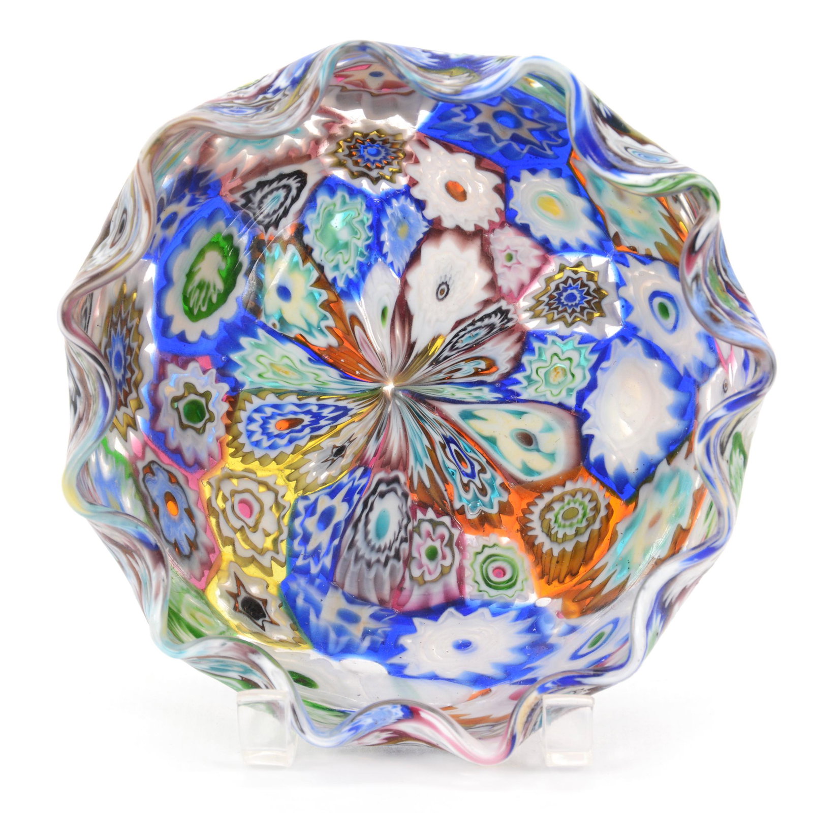 Low Dish, Ruffled, Quality Millefiori Art Glass: Low Dish, Ruffled, Quality Millefiori Art Glass, 1” x 3.75",, John Lolley Estate. Mr. Lolley Regularly Marked Items In His Collection With A Museum Quality Pen - These Markings Can Be Easily Removed