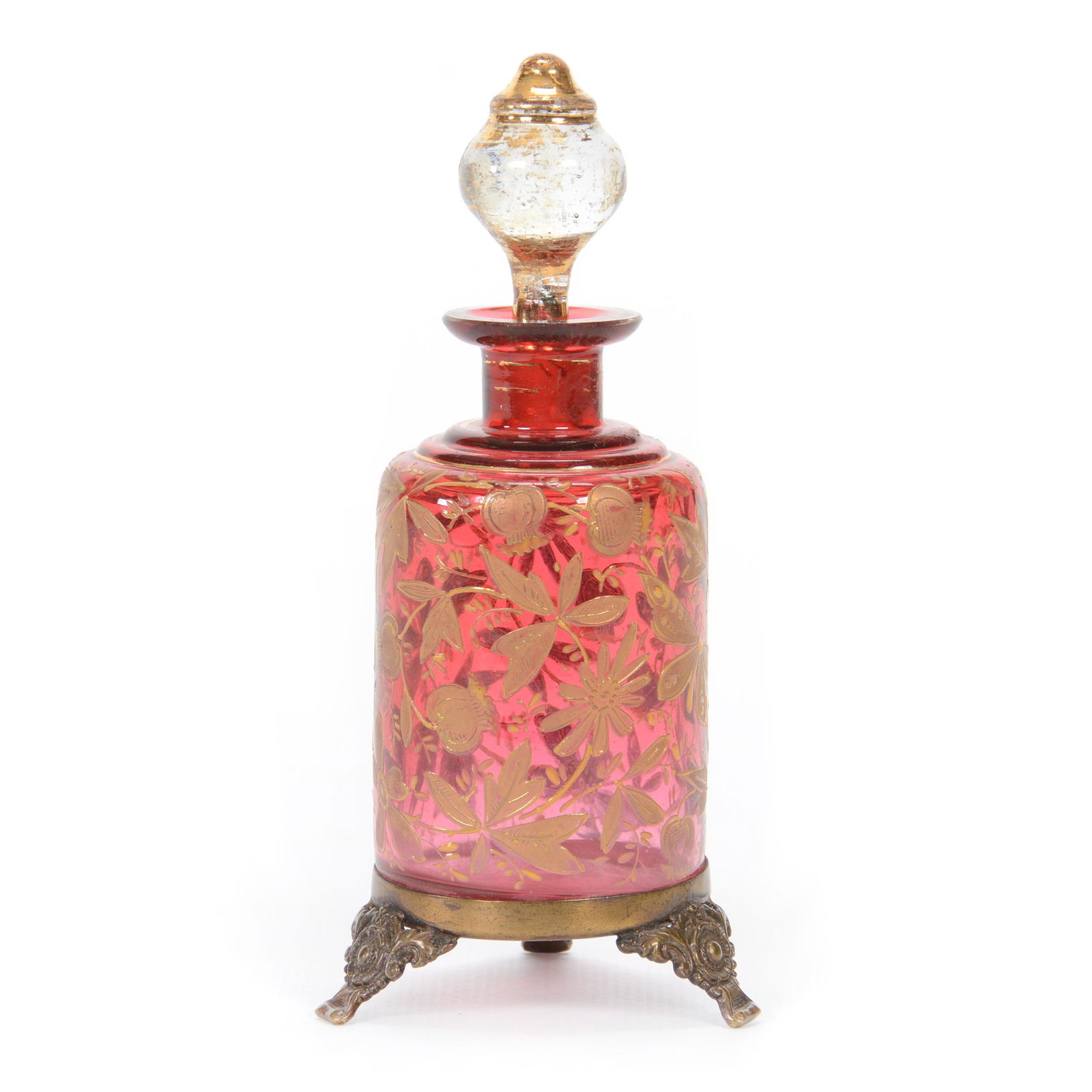 Perfume Bottle, Cranberry Art Glass, Decorated (1 of 3)