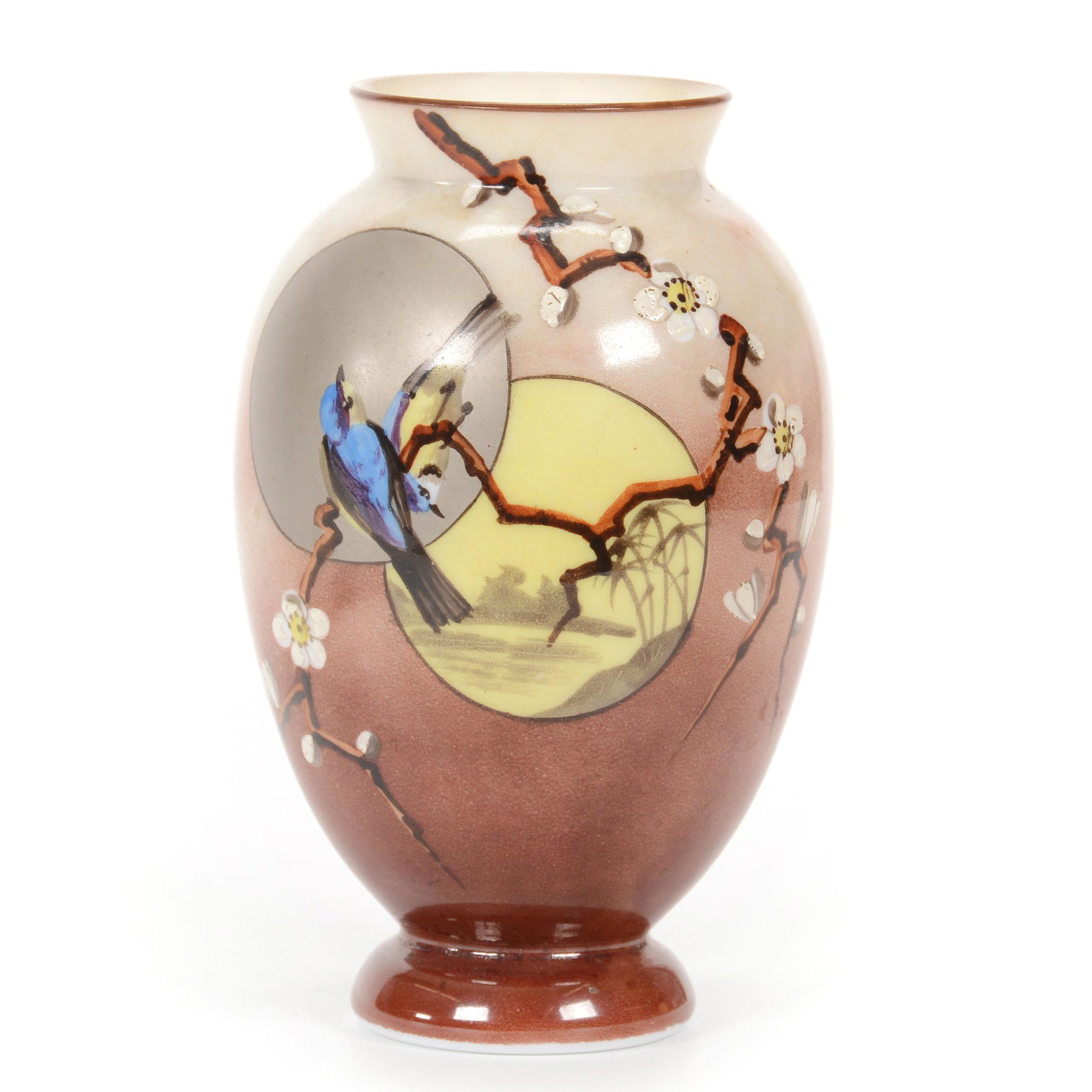 Vase, White Opaline Art Glass: Vase, White Opaline Art Glass, 6” x 3.75", Brown Exterior, Bird, Branch And Blossom Decor, John Lolley Estate. Mr. Lolley Regularly Marked Items In His Collection With A Museum Quality Pen - These M