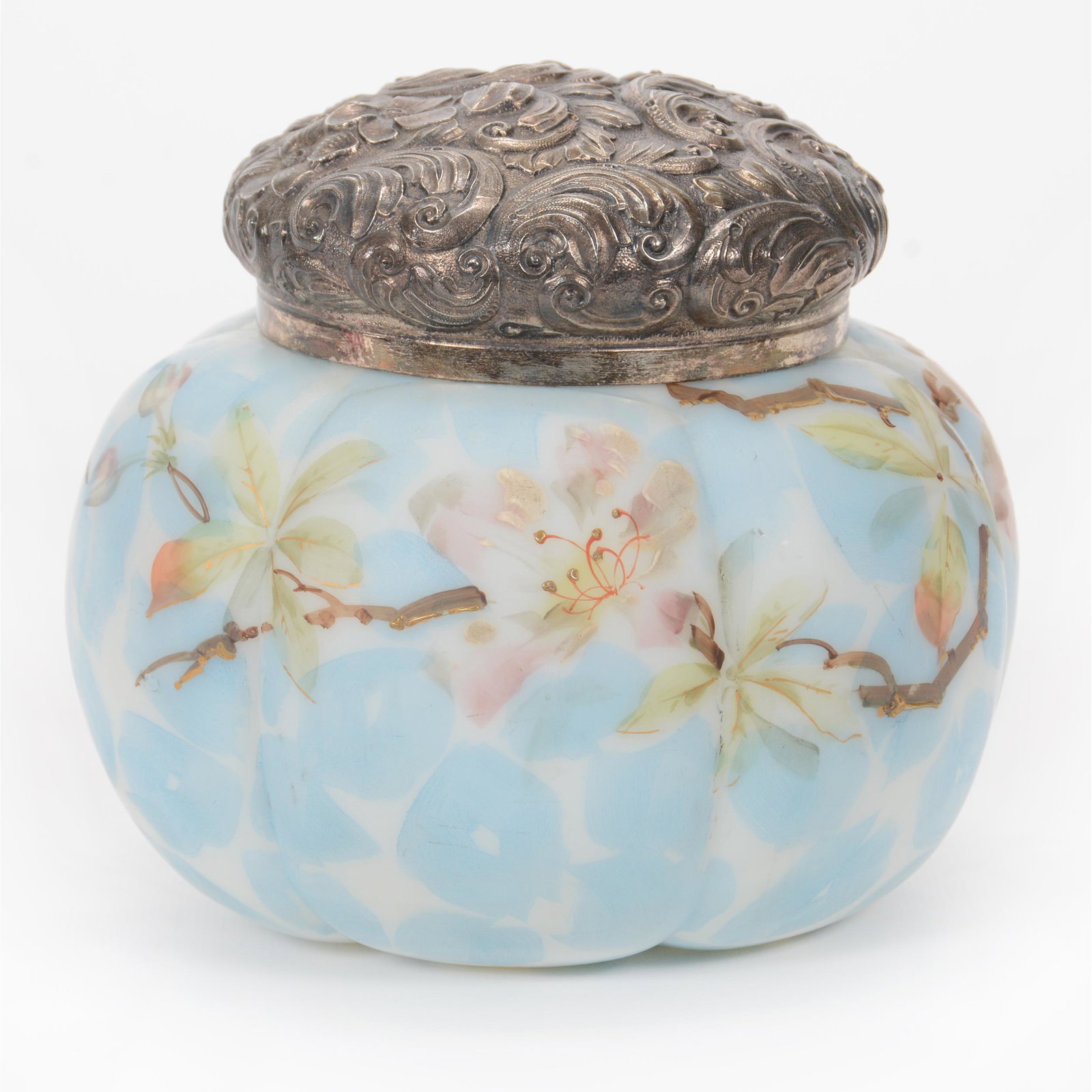 Biscuit Jar, Unmarked Crown Milano Art Glass: Biscuit Jar, Unmarked Crown Milano Art Glass, 5.75” x 6", Blue And White Mottled With Branch And Blossom Decor, Silverplate Embossed Repousse Lid, John Lolley Estate. Mr. Lolley Regularly Marked Ite