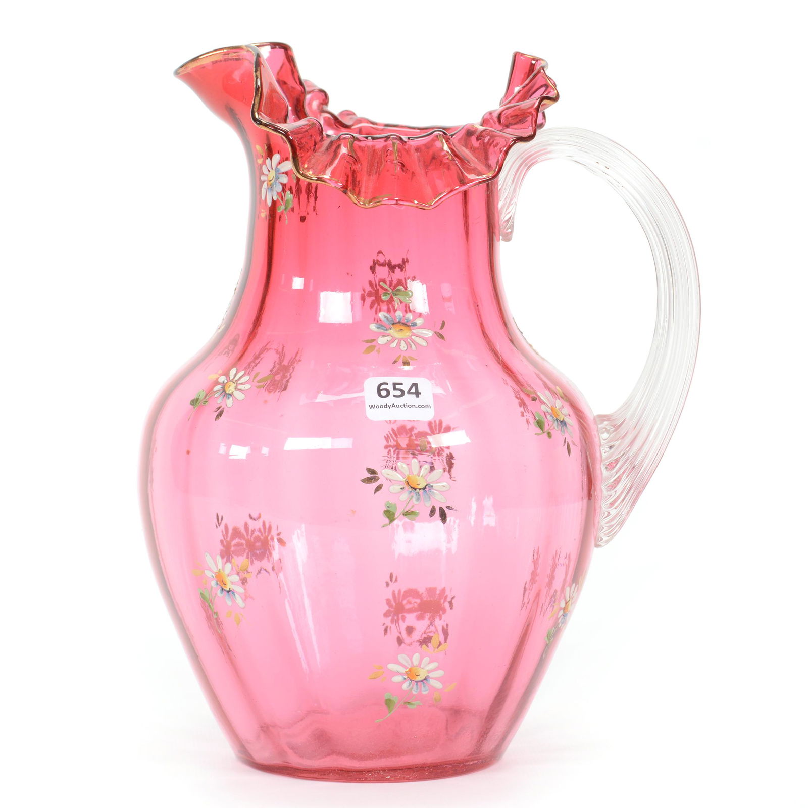 Water Pitcher, Cranberry Art Glass, Optic Ribbed (1 of 3)