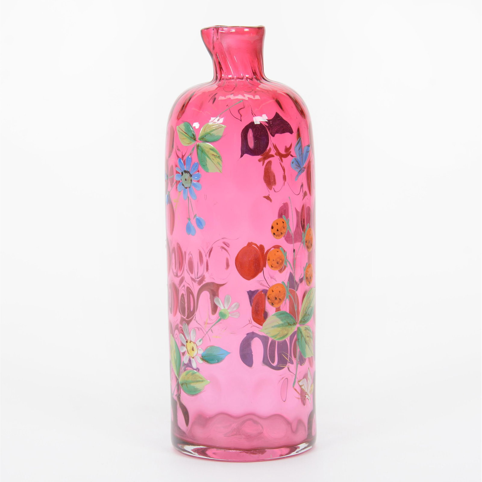 Bottled, Cranberry Coinspot Art Glass: Bottled, Cranberry Coinspot Art Glass, 8.25” x 2.75", Enamel Butterfly, Blossom And Berry Decor, No Stopper, John Lolley Estate. Mr. Lolley Regularly Marked Items In His Collection With A Museum Qua