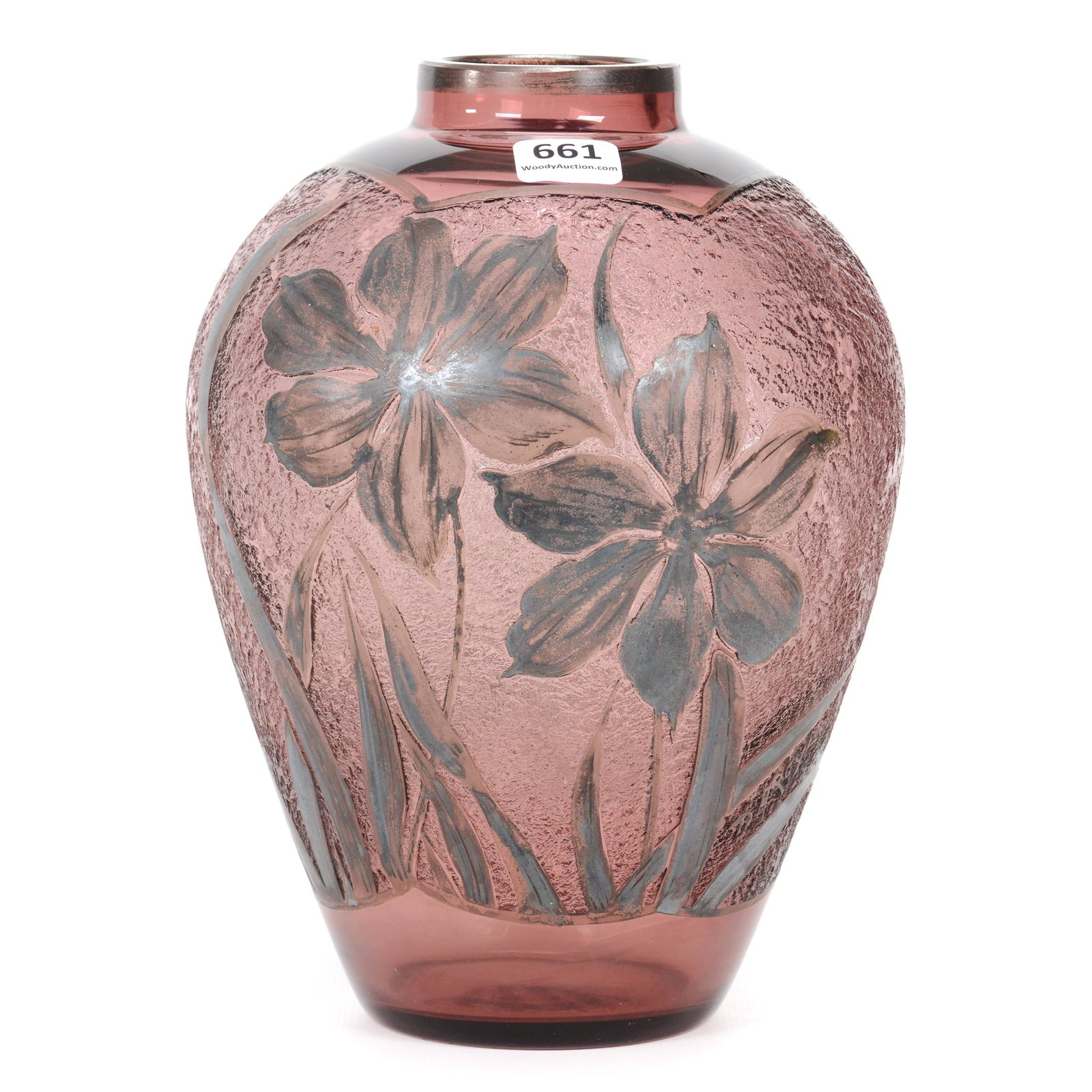 Vase, Amethyst Art Glass: Vase, Amethyst Art Glass, 8.25” x 5.75", Acid Cut Body With Floral Decor And Silver Enamel Highlights, No Visible Maker's Marks, John Lolley Estate. Mr. Lolley Regularly Marked Items In His Collecti