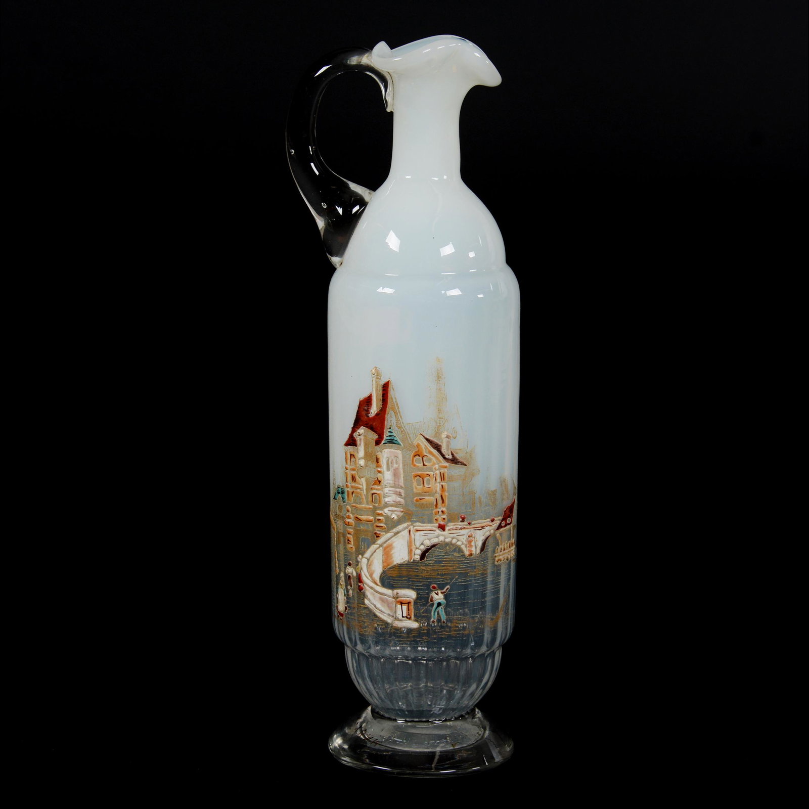 Decanter, Clear Opalescent Art Glass: Decanter, Clear Opalescent Art Glass, 11.75” x 3.5", Heavily Enamel Scenic Village Decor, Attributed To Rossler, Polished Pontil Base, No Stopper, John Lolley Estate. Mr. Lolley Regularly Marked Ite