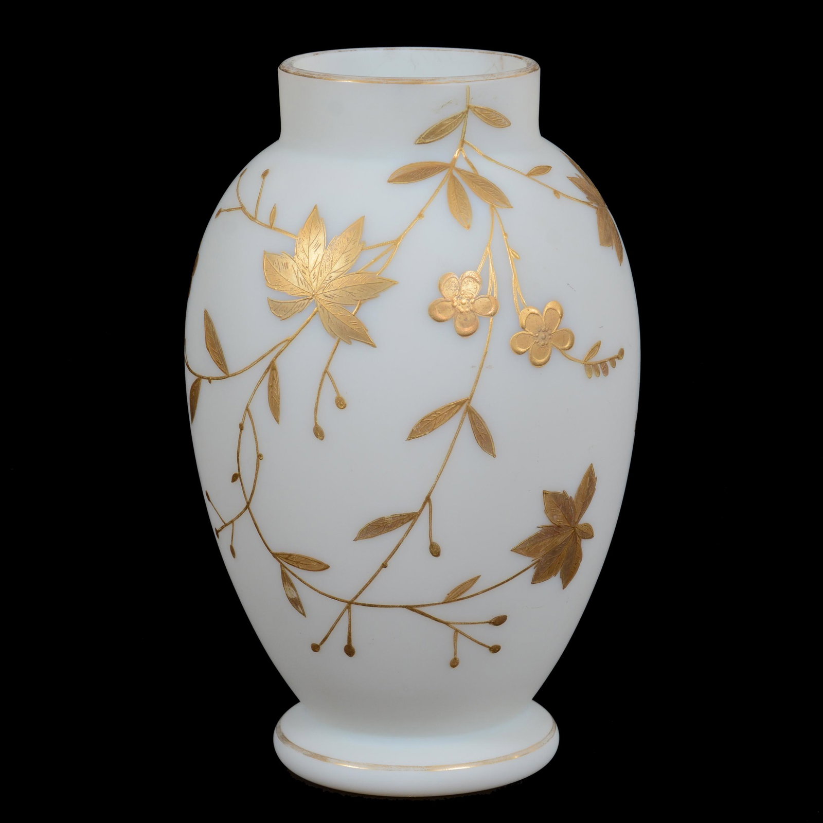 Vase, White Satin Art Glass By Harrach/Webb: Vase, White Satin Art Glass By Harrach/Webb, 7.25” x 4.25", Enamel Branch And Blossom Decor, John Lolley Estate. Mr. Lolley Regularly Marked Items In His Collection With A Museum Quality Pen - These