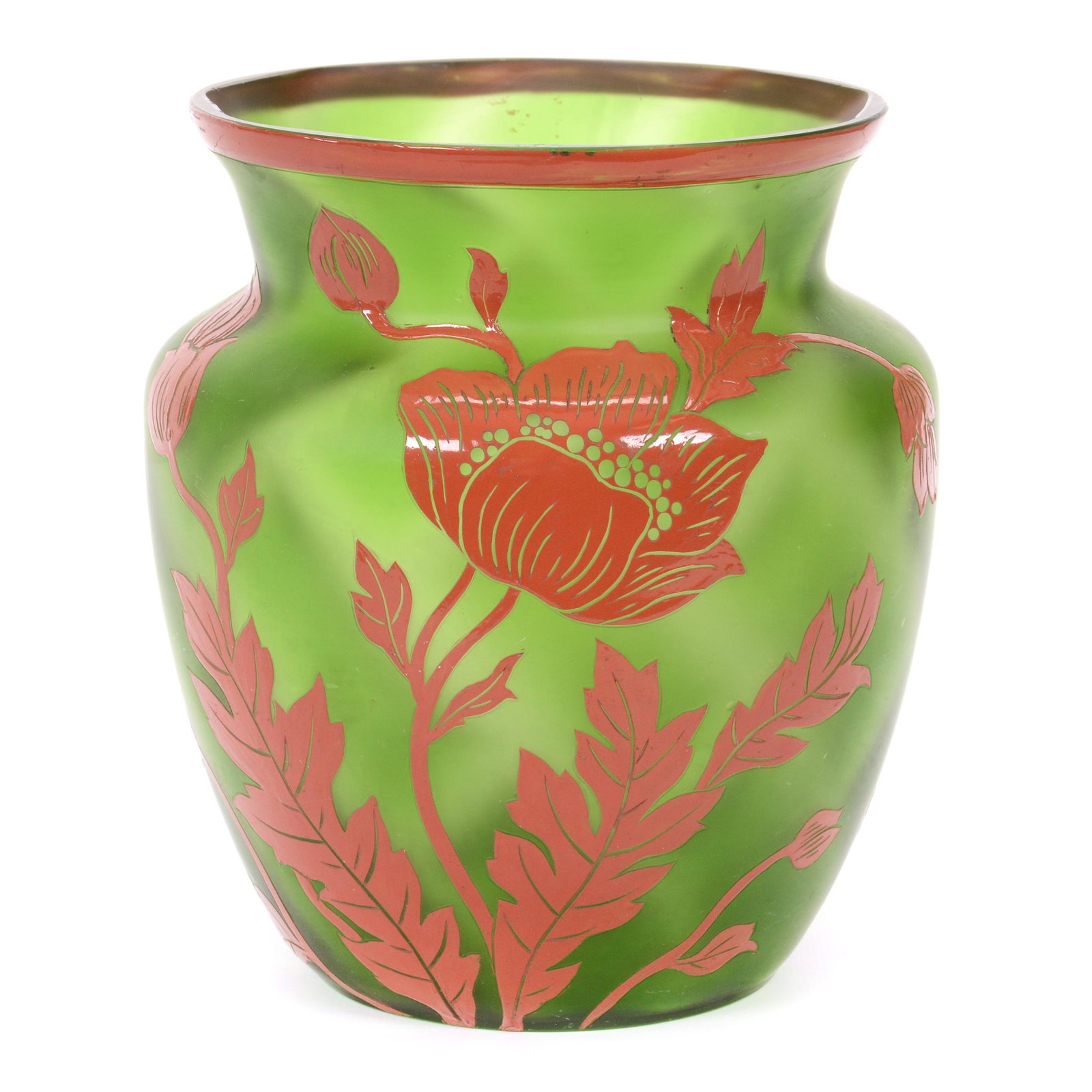 Vase, Contemporary Art Glass, Unmarked: Vase, Contemporary Art Glass, Unmarked, 7.75” x 6.5", Dark Green Frosted With Heavy Red Enamel Poppy Decor, No Visible Maker's Marks, John Lolley Estate. Mr. Lolley Regularly Marked Items In His Col