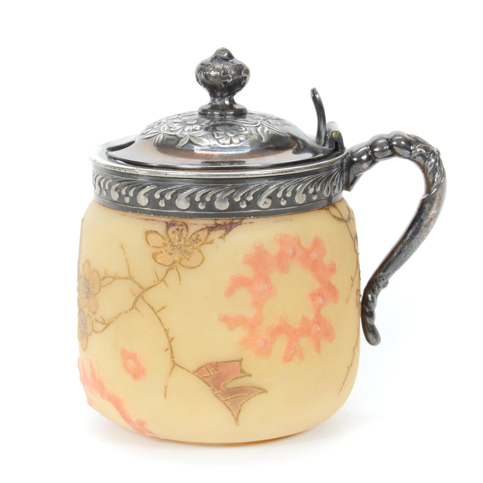 Mustard Jar, Unmarked Crown Milano Art Glass: Mustard Jar, Unmarked Crown Milano Art Glass, 3.75” x 3.5", Cream Tones With Gold Enamel Blossom Decor, Pink Highlights, Silverplate Handle And Lid, John Lolley Estate. Mr. Lolley Regularly Marked I