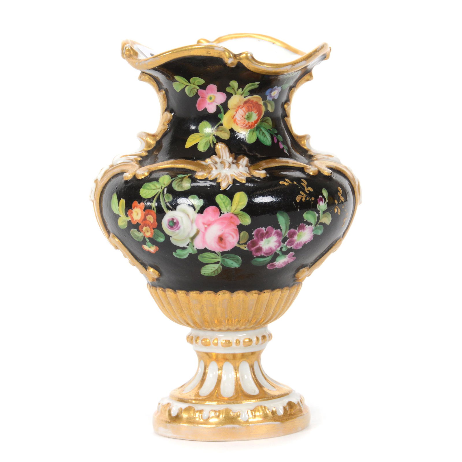 Pedestal Porcelain Vase, Meissen Style: Pedestal Porcelain Vase, Meissen Style, 4” x 2.5", Marked "JP", Black Background With Colorful Butterfly And Floral Decor, Gold Trim Highlights, John Lolley Estate. Mr. Lolley Regularly Marked Items