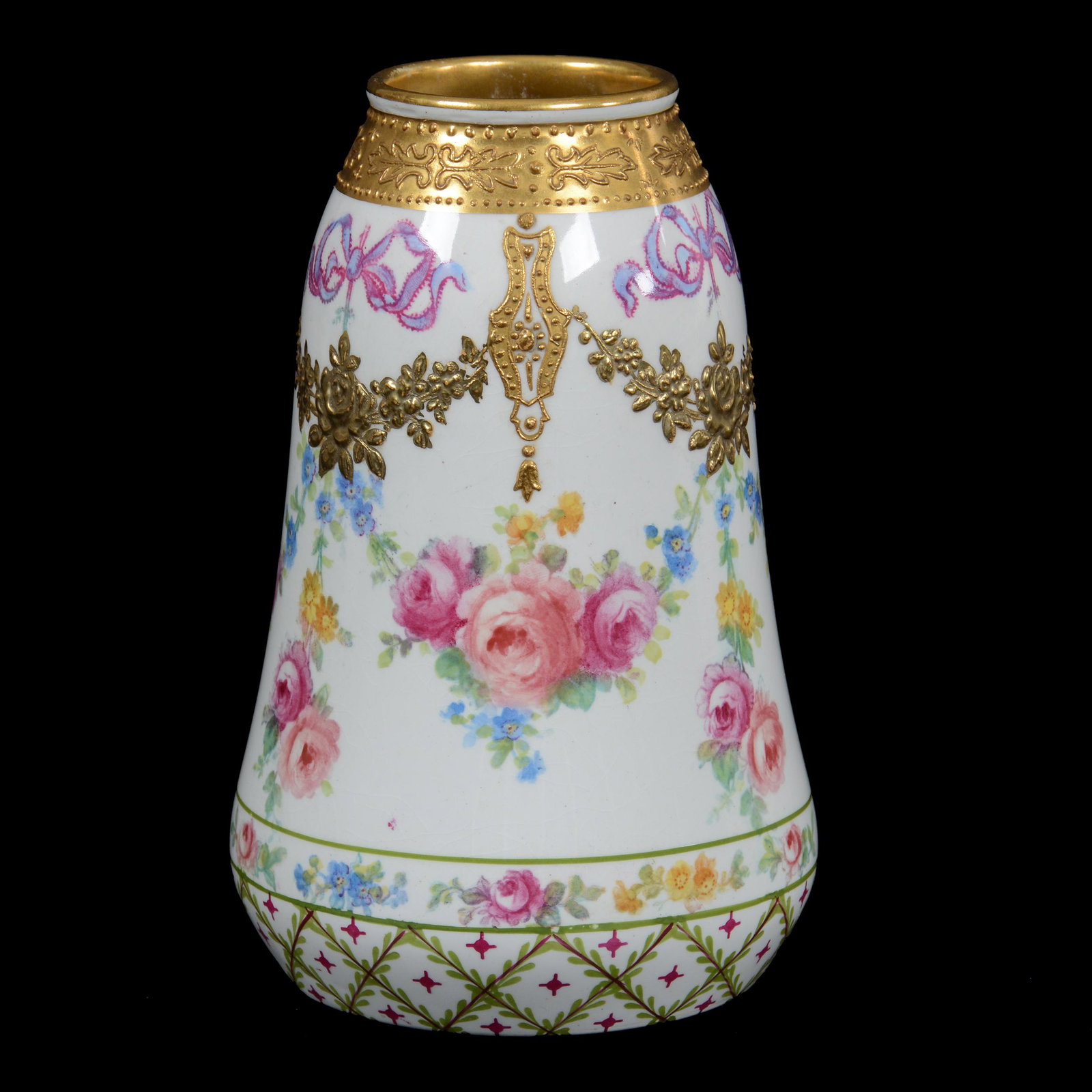 Vase Marked Royal Bonn: Vase Marked Royal Bonn, 6.75” x 4.25", White With Colorful Floral Garland And Heavy Gold Enamel Highlights, John Lolley Estate. Mr. Lolley Regularly Marked Items In His Collection With A Museum Qual