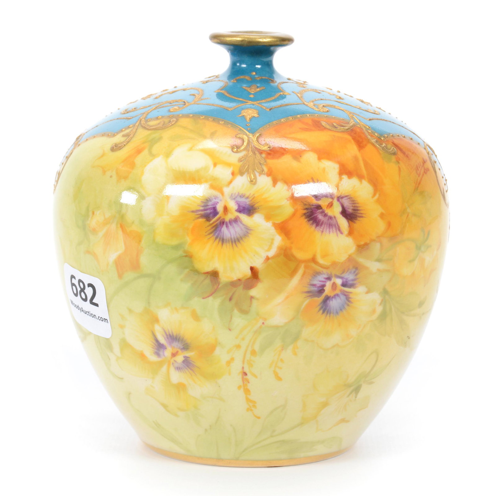Vase Marked Royal Bonn Porcelain: Vase Marked Royal Bonn Porcelain, 4.5” x 4", Yellow And Blue Tones With Pansy Decor, Professional Rim Repair, John Lolley Estate. Mr. Lolley Regularly Marked Items In His Collection With A Museum Qu