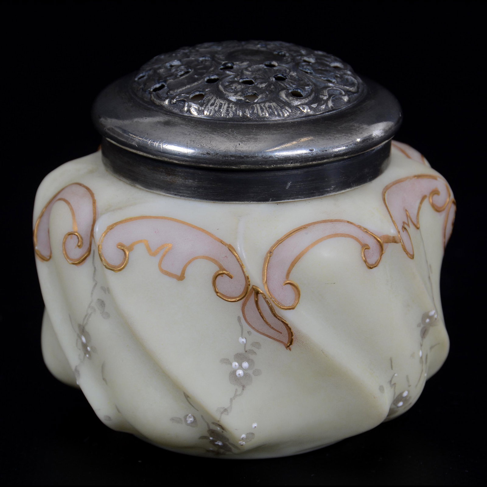 Sugar Shaker, Unmarked Mt Washington Art Glass: Sugar Shaker, Unmarked Mt Washington Art Glass, 3” x 3.25", Swirl Mold, Cream Tones With Pink Highlights, Silverplate Top, John Lolley Estate. Mr. Lolley Regularly Marked Items In His Collection Wit