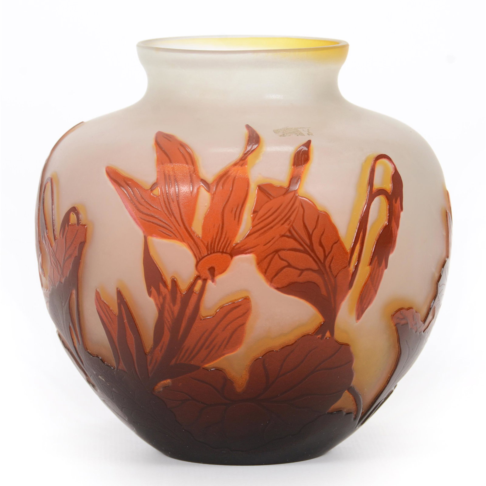 Vase, Reproduction Signed Galle Cameo Glass: Vase, Reproduction Signed Galle Cameo Glass, 4.75” x 4.5", Frosted White And Yellow With Carved Orange Floral Overlay, John Lolley Estate. Mr. Lolley Regularly Marked Items In His Collection With A