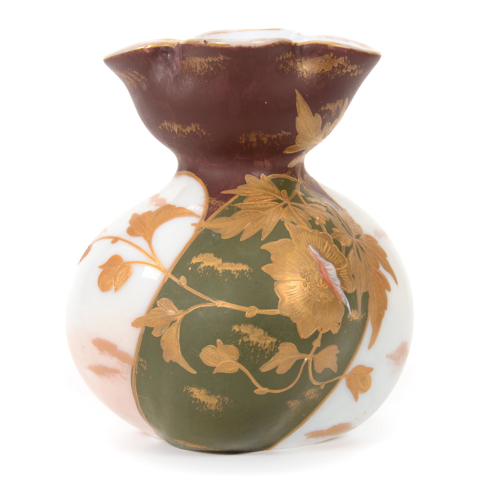 Vase, Opaline Art Glass, Harrach Style: Vase, Opaline Art Glass, Harrach Style, 5.5” x 4.5", Bronze And Green Panels With Heavy Gold Decor, John Lolley Estate. Mr. Lolley Regularly Marked Items In His Collection With A Museum Quality Pen