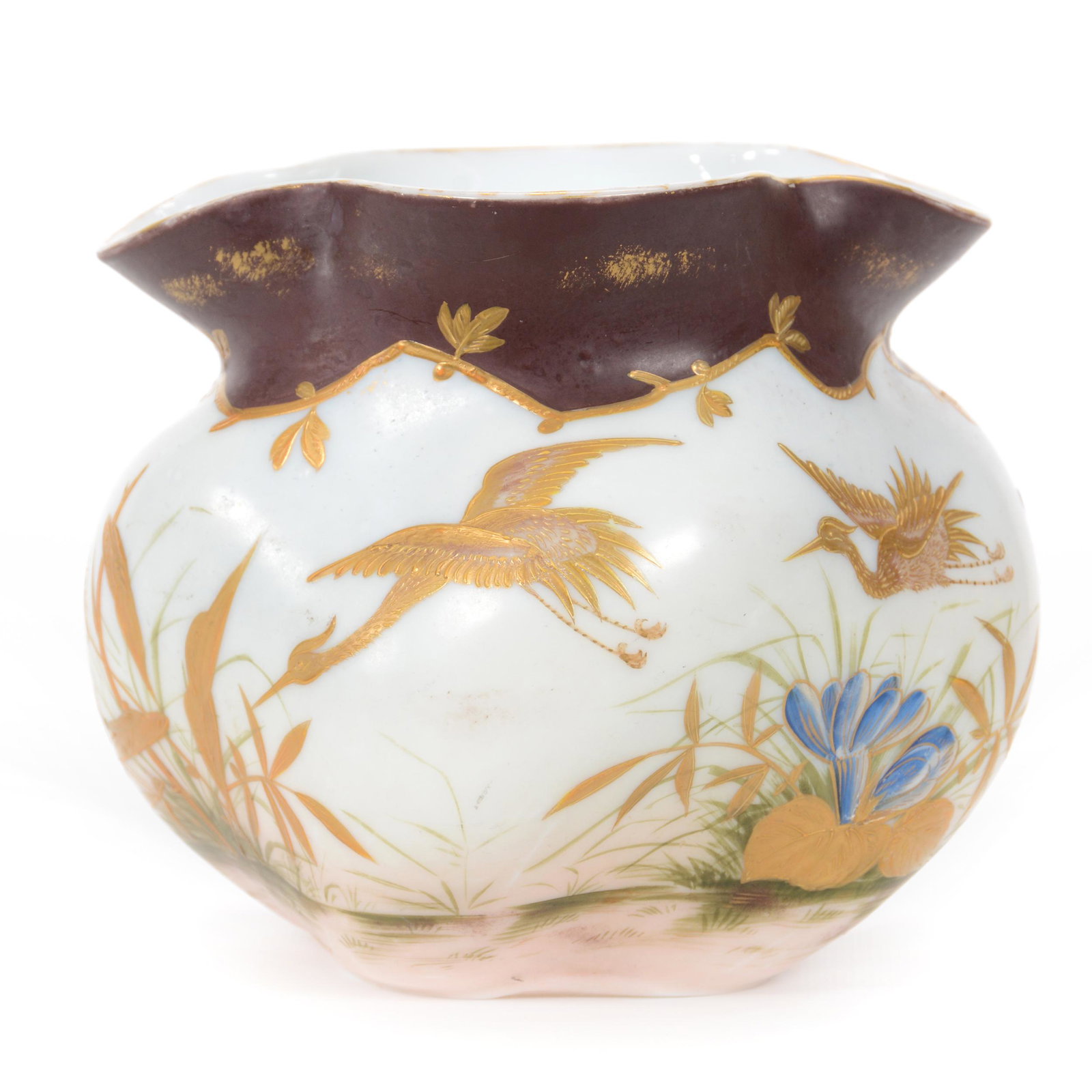 Vase, Opaline Art Glass, Harrach Style: Vase, Opaline Art Glass, Harrach Style, 5.25” x 6", Pink And Blue Background, Bronze Border, Enameled Stork In Flight Scenic Decor, John Lolley Estate. Mr. Lolley Regularly Marked Items In His Colle