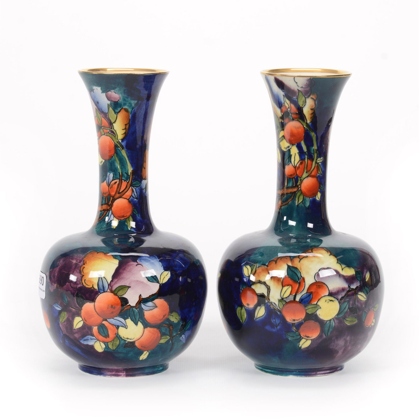Pair Vases Marked Stoke On Trent Coronaware: Pair Vases Marked Stoke On Trent Coronaware, 8.25” x 4.5", Iridescent "Cherry-Ripe" Pattern, Hand Painted By Molly Hancock, John Lolley Estate. Mr. Lolley Regularly Marked Items In His Collection Wi