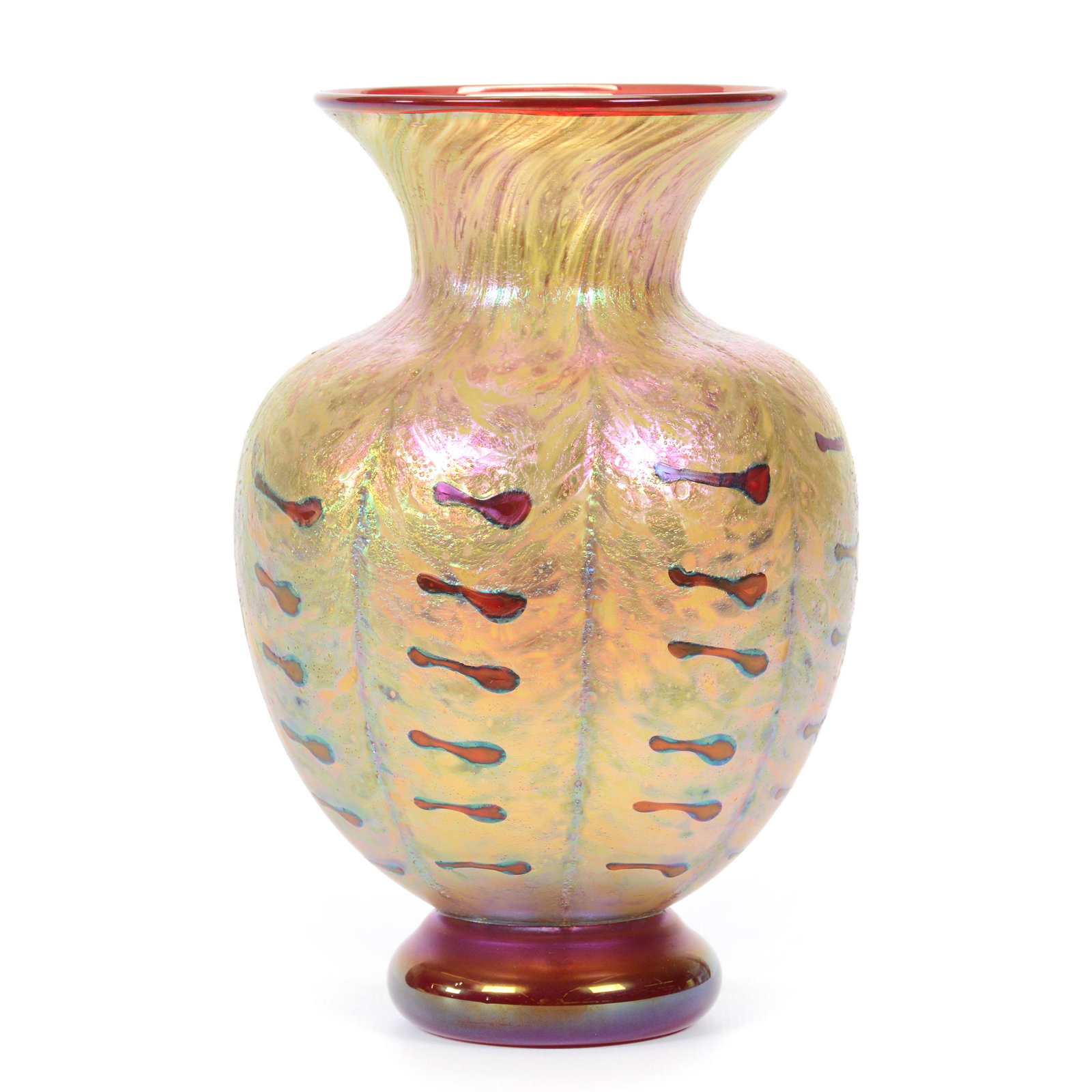 Vase, Contemporary Art Glass, Signed: Vase, Contemporary Art Glass, Signed, 7” x 4.5", Gold Iridescent With Red Zipper Design, Nice Quality, Unidentified Maker's Mark, John Lolley Estate. Mr. Lolley Regularly Marked Items In His Collect