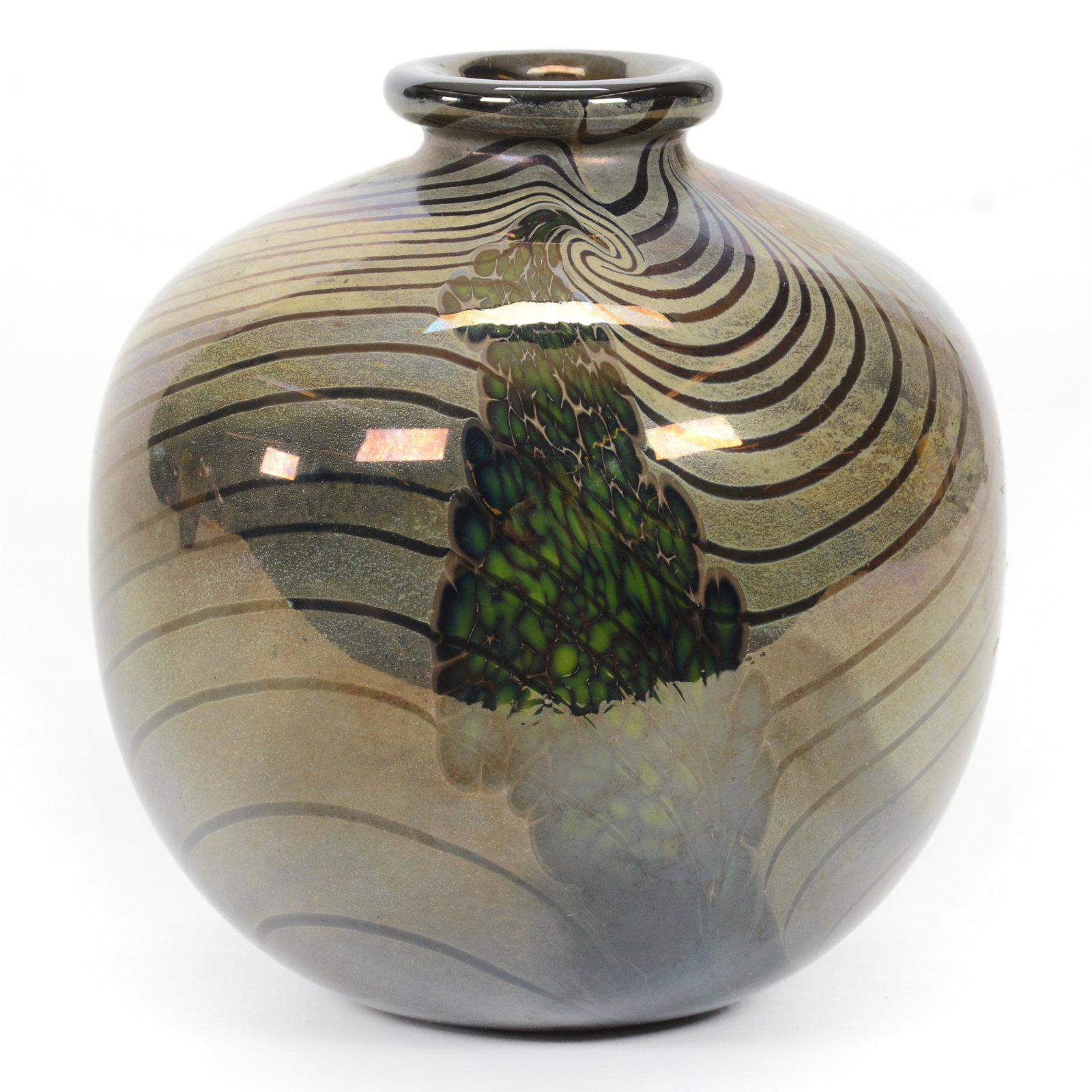 Vase, Contemporary Art Glass, Signed: Vase, Contemporary Art Glass, Signed, 5.25” x 4.75", Iridescent Silvery Green/Gray Pulled Feather Design, Signature Appears To Be "Slater", Unable To Verify, John Lolley Estate. Mr. Lolley Regularly