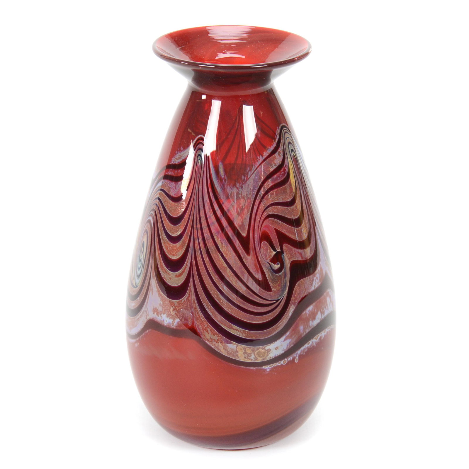Vase, Contemporary Art Glass: Vase, Contemporary Art Glass, 6.5” x 3.5", Cased Red Swirl With Amethyst And Silver Pulled Loop Design, No Visible Maker's Marks, John Lolley Estate. Mr. Lolley Regularly Marked Items In His Collect