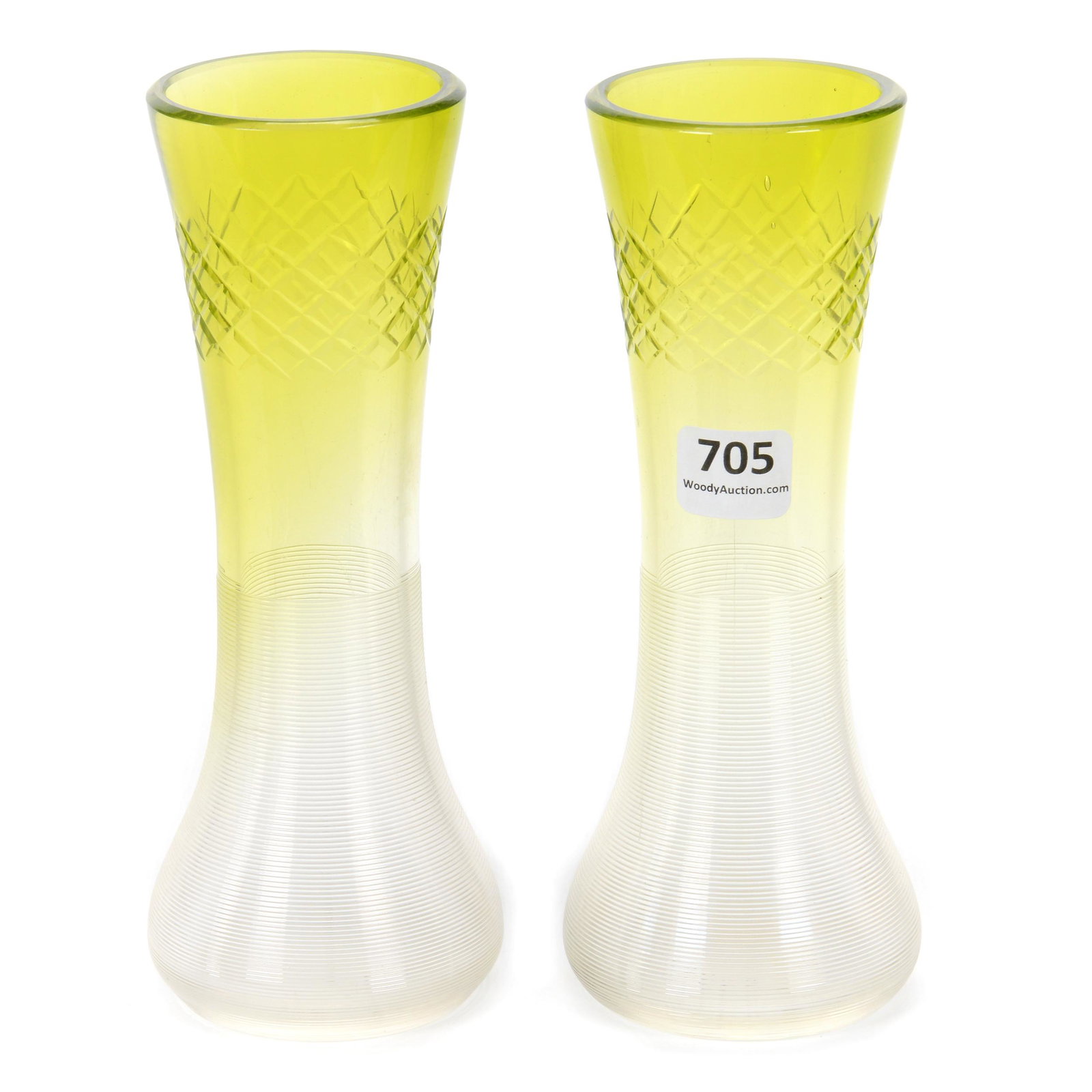 Pair Vases, Green Shading To Clear Art Glass: Pair Vases, Green Shading To Clear Art Glass, 7” x 2.75", Diamond Cut Band With Threaded Body, John Lolley Estate. Mr. Lolley Regularly Marked Items In His Collection With A Museum Quality Pen - The