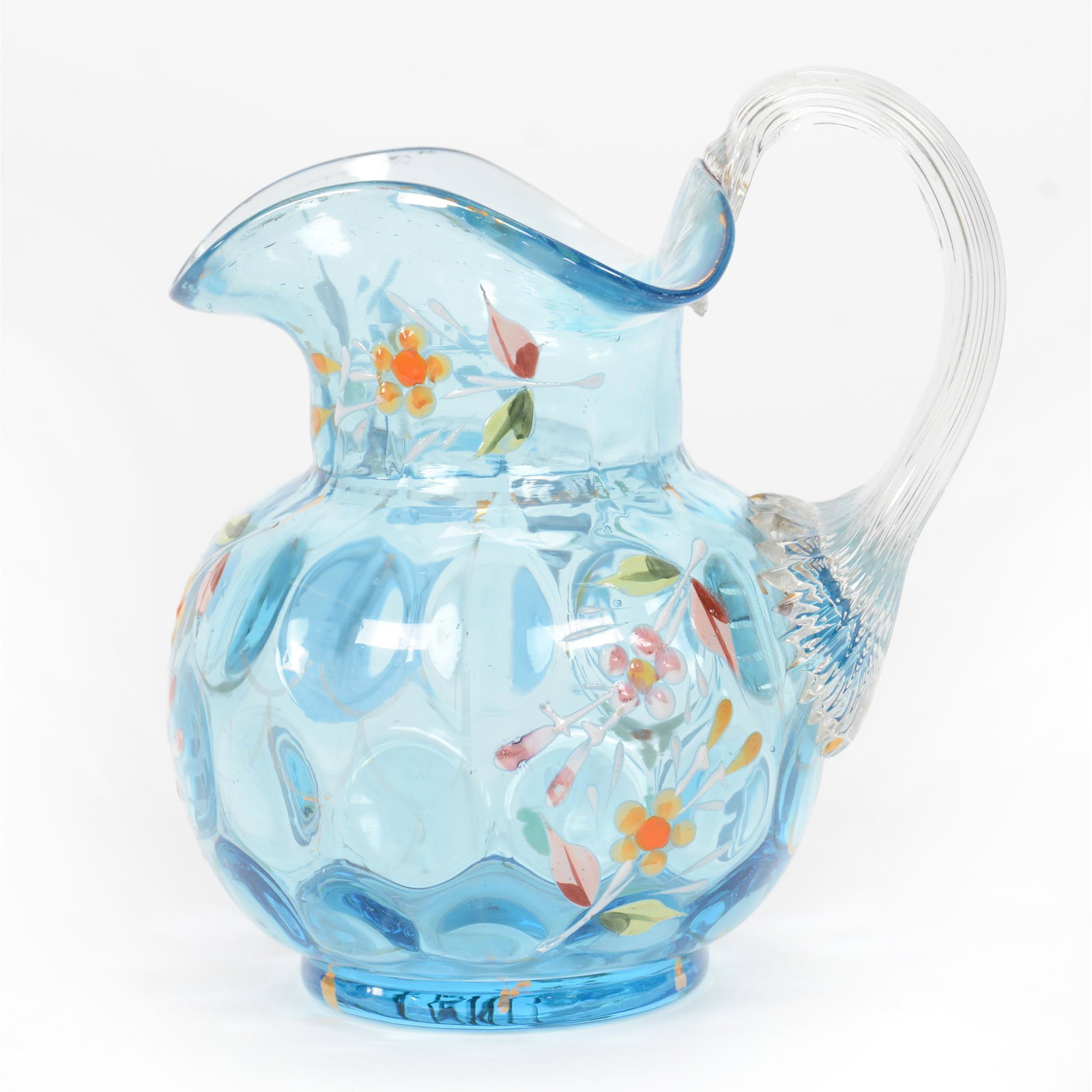 Pitcher, Blue Coinspot Art Glass: Pitcher, Blue Coinspot Art Glass, 3.75” x 3.25", Enamel Floral Decor, Clear Applied Ribbed Handle, John Lolley Estate. Mr. Lolley Regularly Marked Items In His Collection With A Museum Quality Pen -