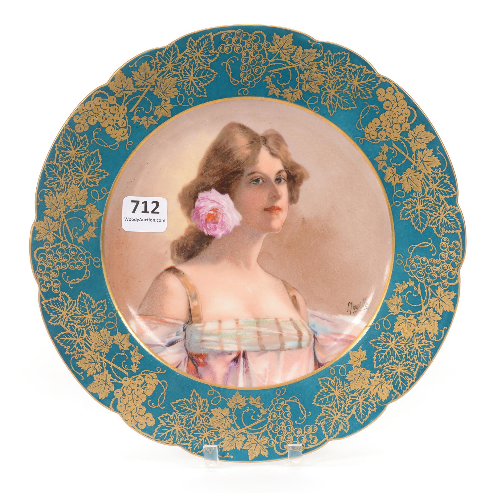 Plate Marked Sevres: Plate Marked Sevres, 8.5", Portrait Of Young Woman, Artist Signed, Green Border With Heavy Gold Stencil Highlights, John Lolley Estate. Mr. Lolley Regularly Marked Items In His Collection With A Museu