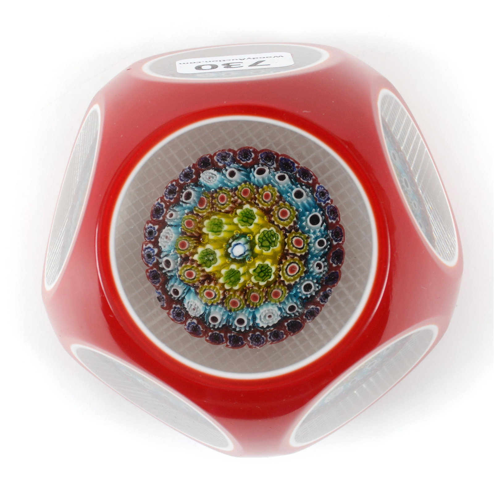 Paperweight, Unmarked: Paperweight, Unmarked, 3.25", Millefiori Background, Red And White Carved Medallion Overlay, Lattice Cut Base, John Lolley Estate. Mr. Lolley Regularly Marked Items In His Collection With A Museum Qua