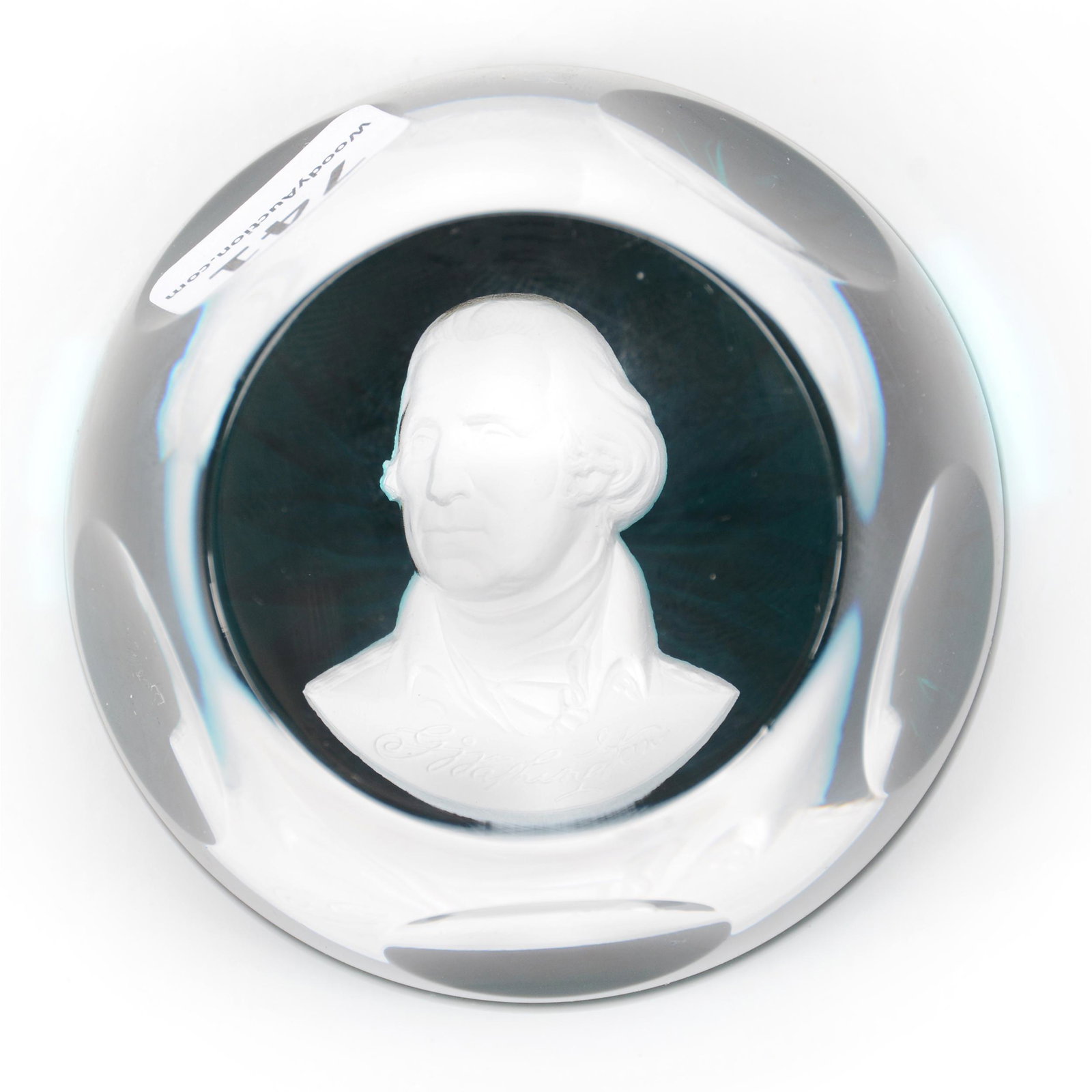 Paperweight By Sevres Crystal George Washington: Paperweight By Sevres Crystal George Washington, 3", Made For DAR (Daughters Of American Revolution), Turquoise Background, Ray Cut Base, John Lolley Estate. Mr. Lolley Regularly Marked Items In His C