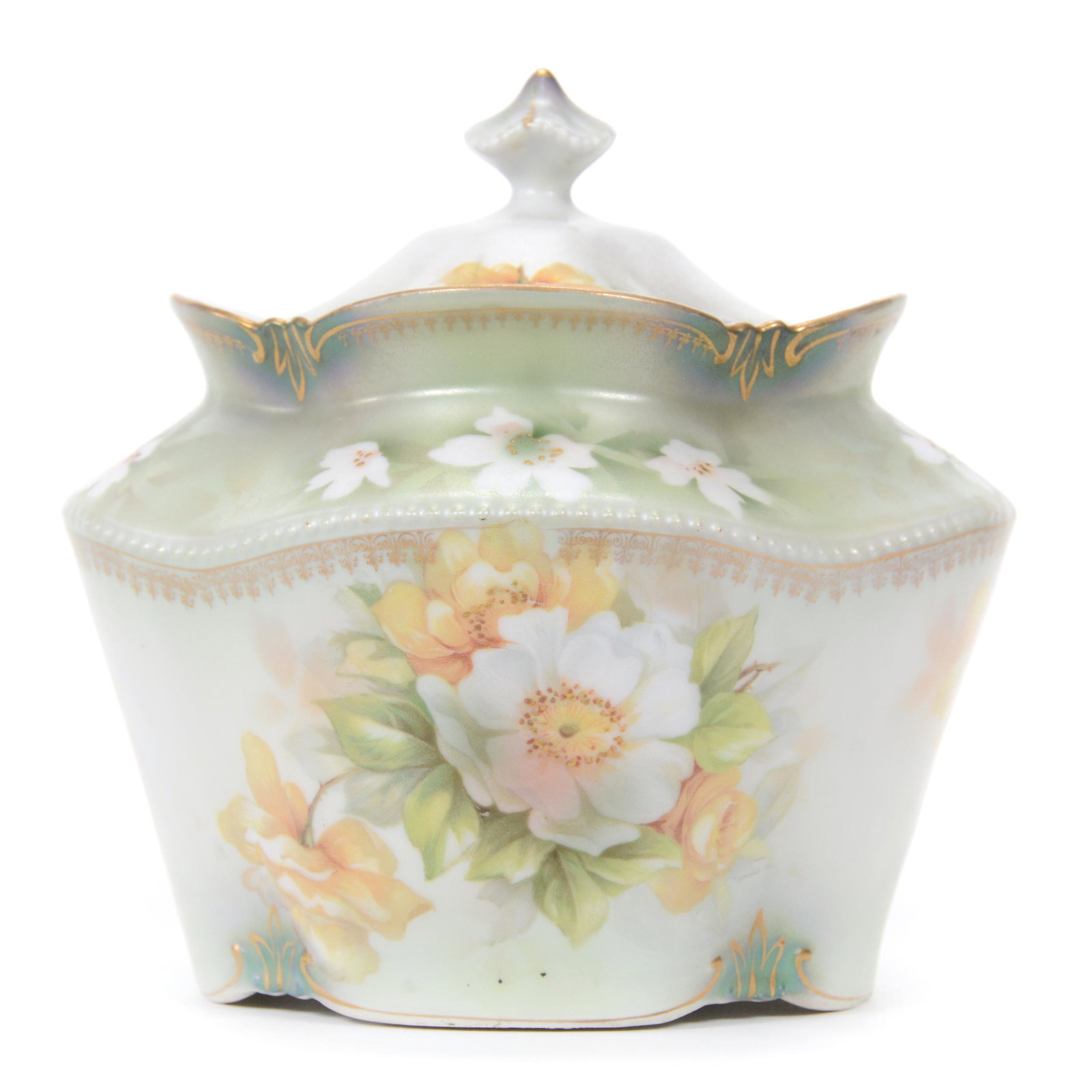 Biscuit Jar Marked R. S. Prussia: Biscuit Jar Marked R. S. Prussia, 6.5" x 6.5", Green And White Satin Finish With Yellow And White Floral Decor, Nice Gold Stencil Highlights, The Walt Holz Estate.