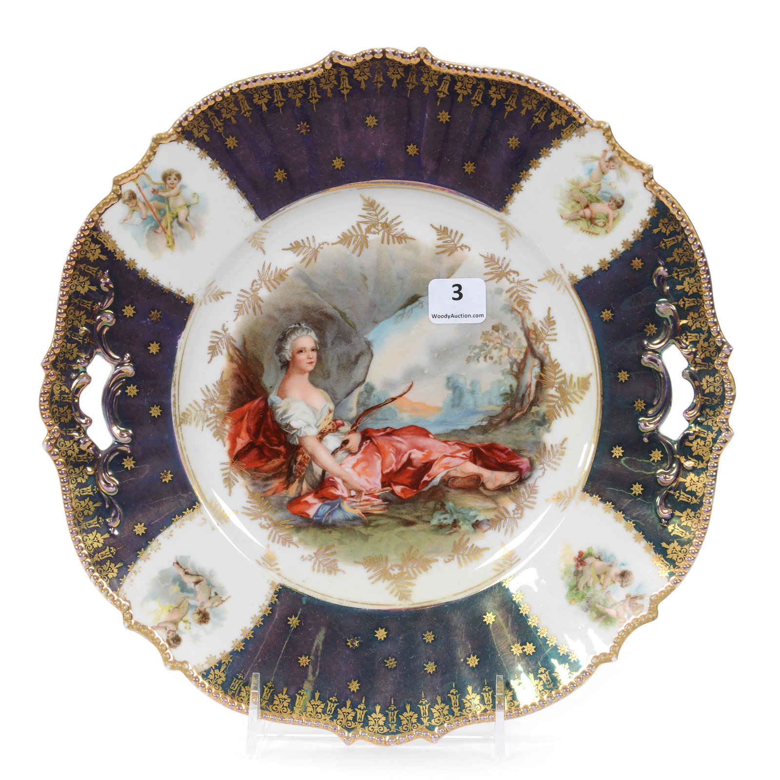 Cake Plate, Unmarked Prussia, Diana The Huntress: Cake Plate, Unmarked Prussia, Diana The Huntress, 10.5", Iridescent Tiffany Finish Border With Cherub Medallions And Gold Stencil Highlights, Nice Condition, Mold #343, The Walt Holz Estate.