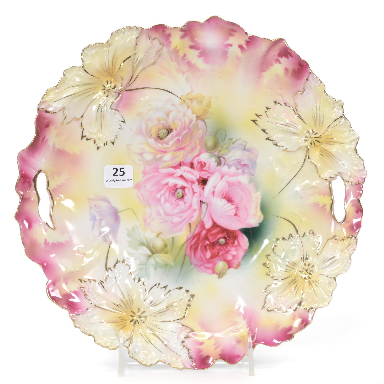 Cake Plate Marked R. S. Prussia, Carnation Mold: Cake Plate Marked R. S. Prussia, Carnation Mold, 10.25", Pink, Yellow, And Green Tones, Poppy Decor, Gold Stencil Highlights, The Walt Holz Estate.