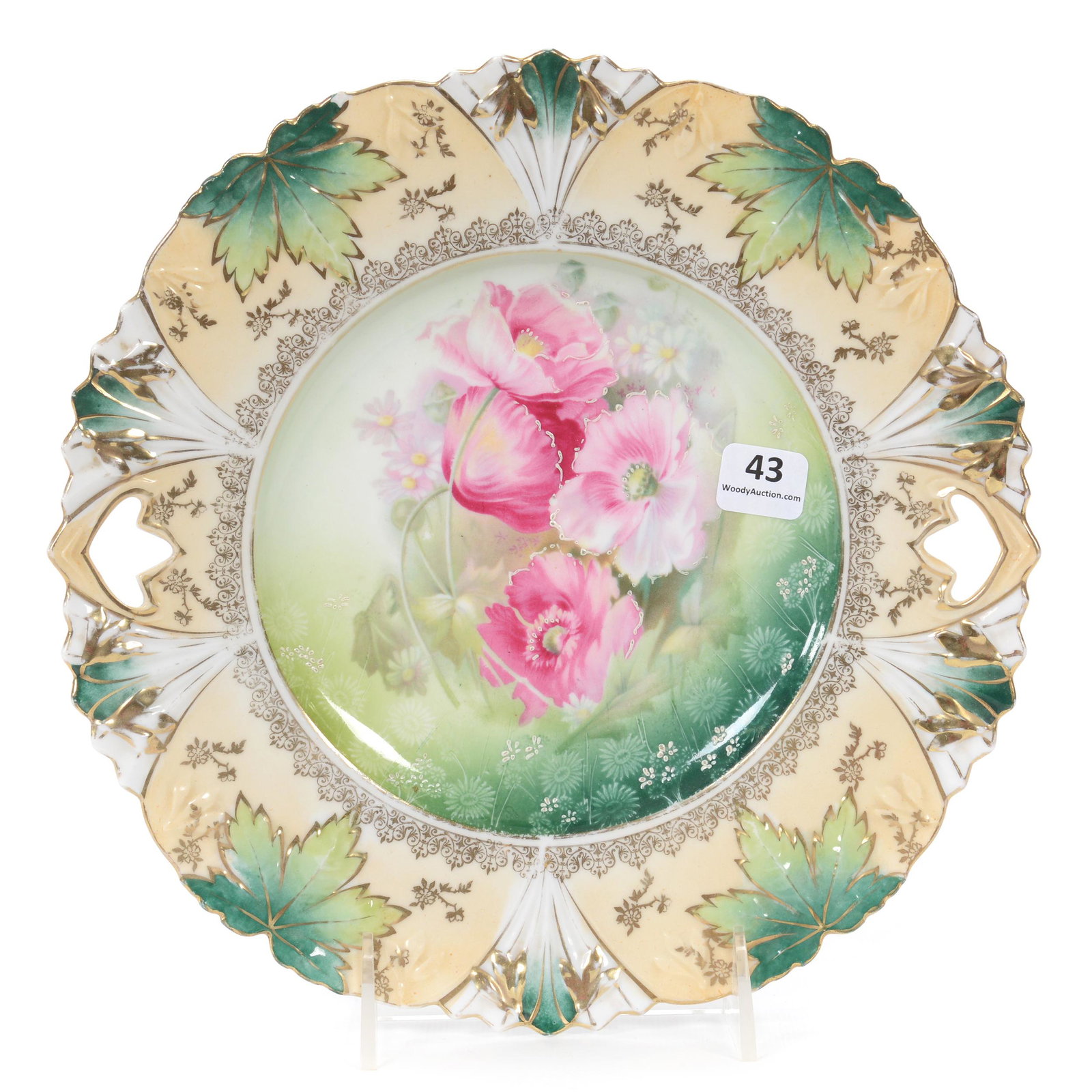Cake Plate Marked R. S. Prussia, Leaf Mold Variation: Cake Plate Marked R. S. Prussia, Leaf Mold Variation, 9.75", Green, Cream, And White Tones, Pink Poppy Decor, Gold Stencil Highlights, Surface Nick On Rim, The Walt Holz Estate.