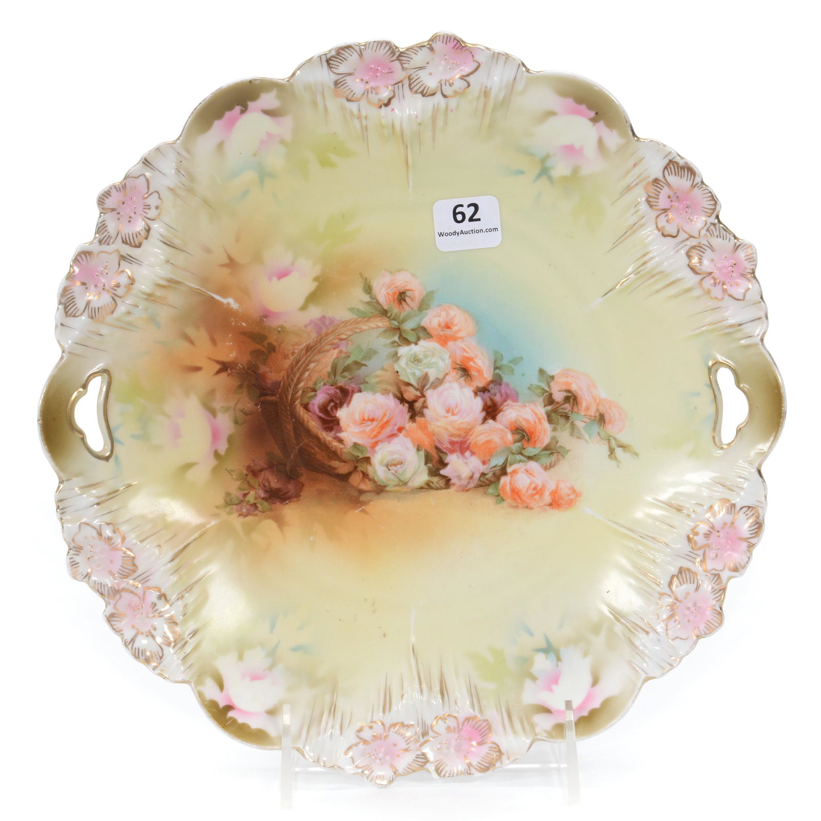 Cake Plate Marked R. S. Prussia, Icicle Mold: Cake Plate Marked R. S. Prussia, Icicle Mold, 9.75", Green, Brown, And Pink Tones, Spilled Basket Floral Decor, The Walt Holz Estate.