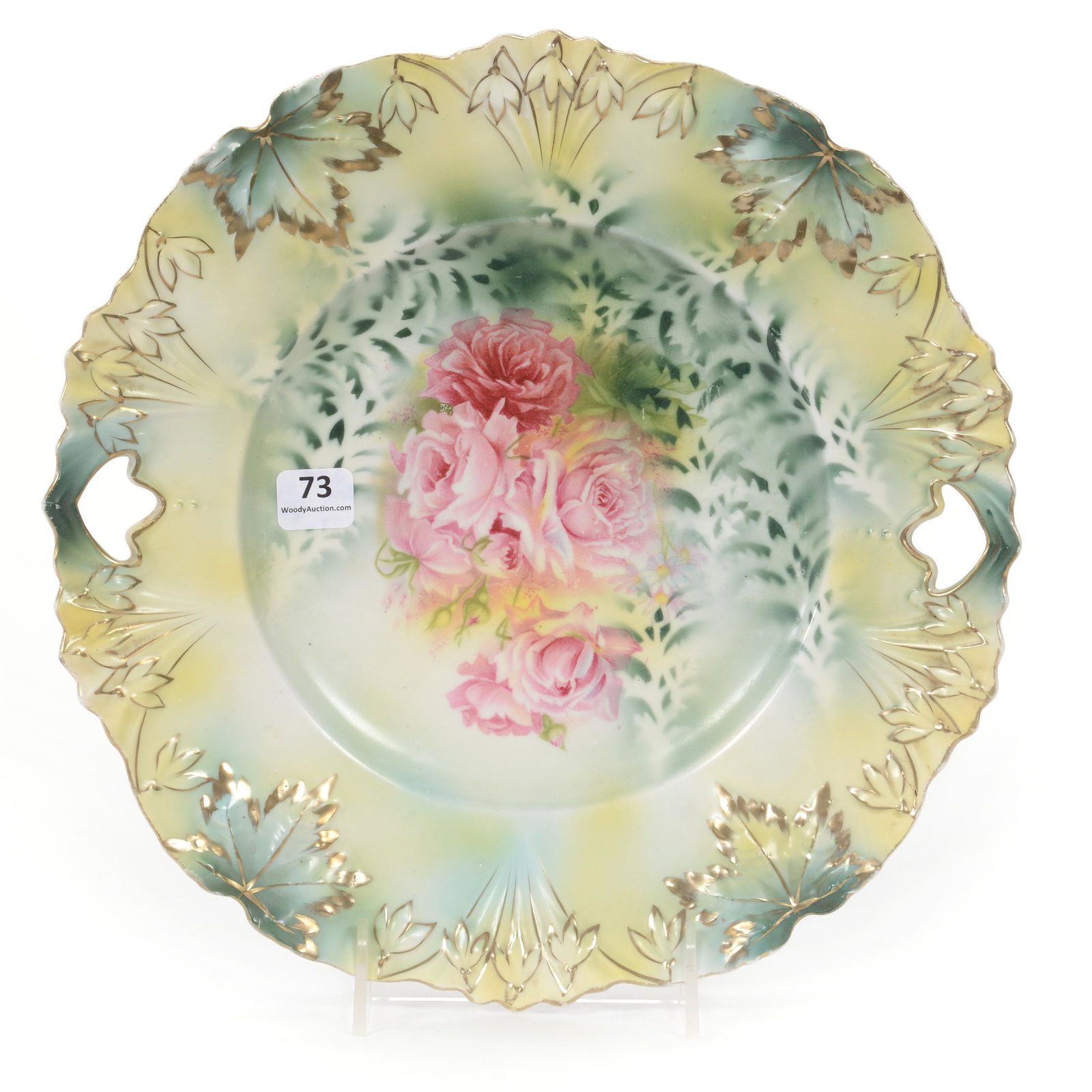Cake Plate Marked R. S. Prussia, Leaf Mold Variation: Cake Plate Marked R. S. Prussia, Leaf Mold Variation, 11", Green And Yellow Tones, Pink Rose Decor, The Walt Holz Estate.