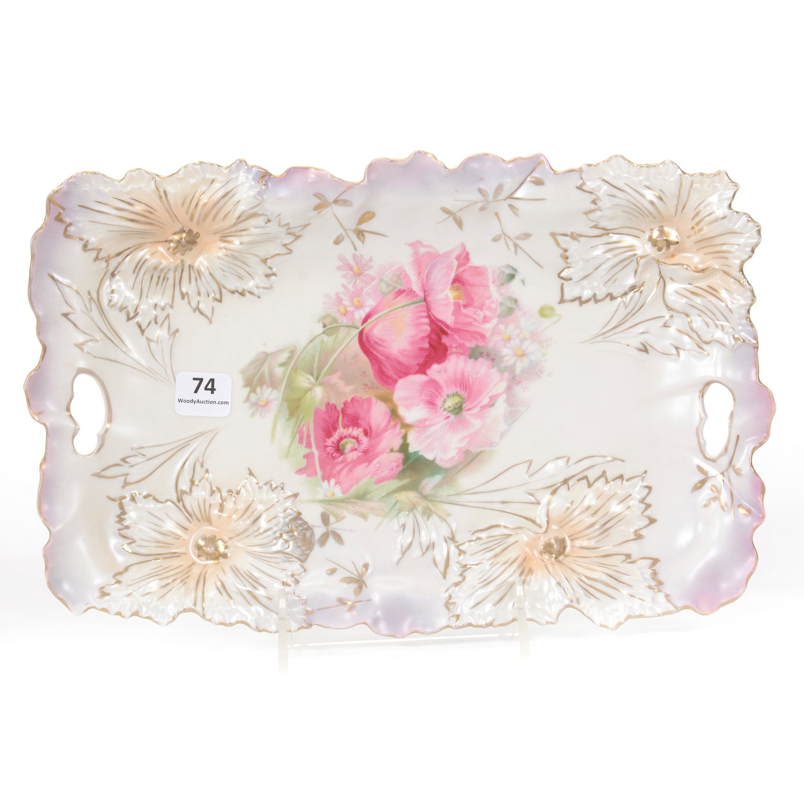Dresser Tray Marked R. S. Prussia, Carnation Mold: Dresser Tray Marked R. S. Prussia, Carnation Mold, 11.5" x 7.5", White And Lavender Satin Finish, Pink Poppy Decor, The Walt Holz Estate.